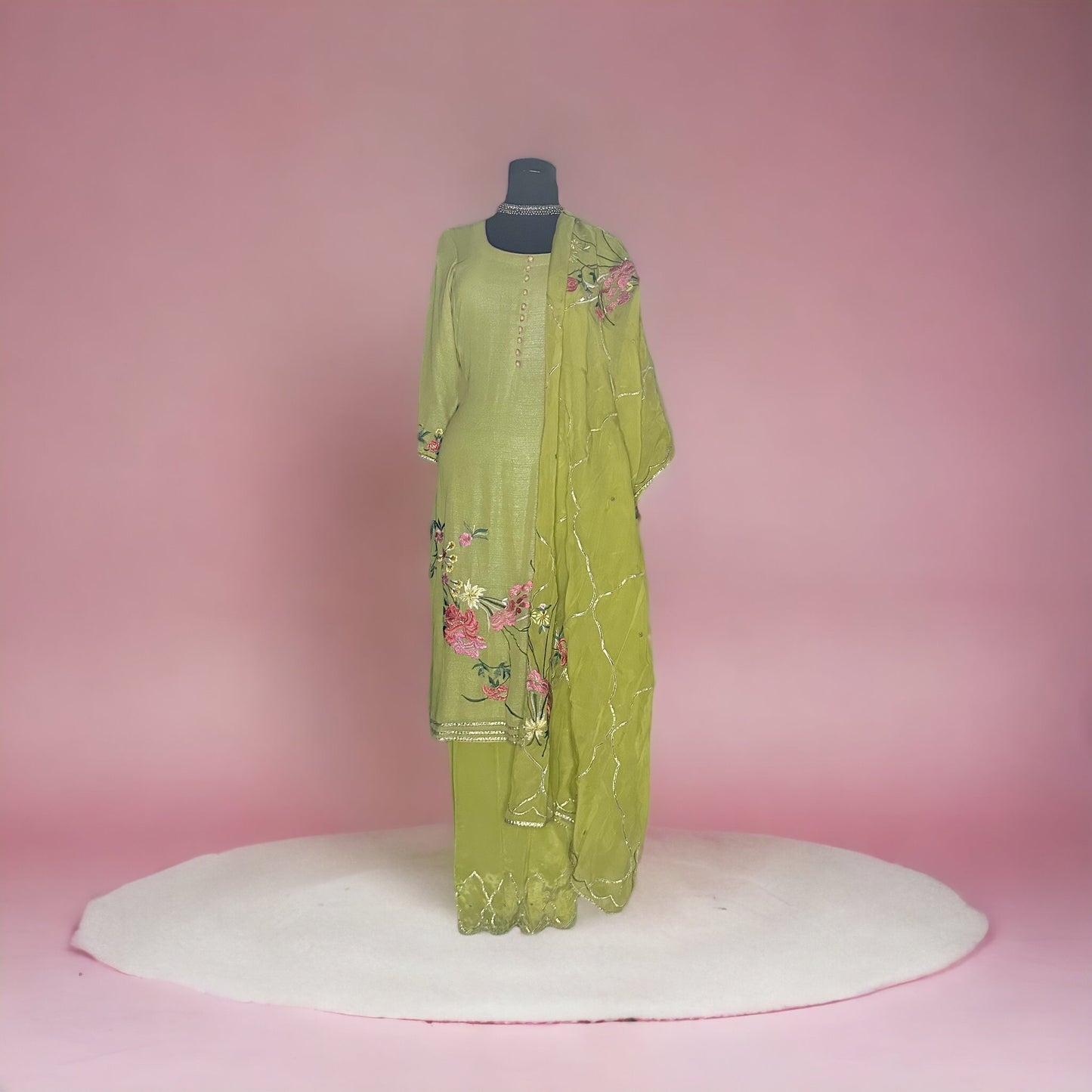 Shimmer Georgette Green Semi Formal/Party wear Stitched Suit