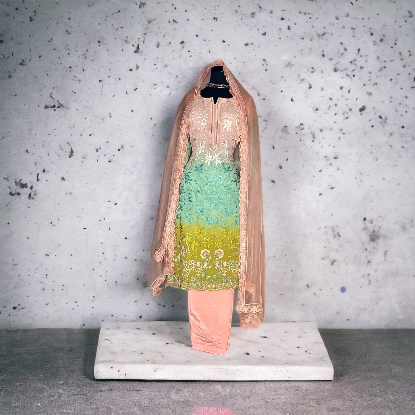 3 tone pure Georgette all over Parsi work Semi Formal/Party Wear Stitched Suit