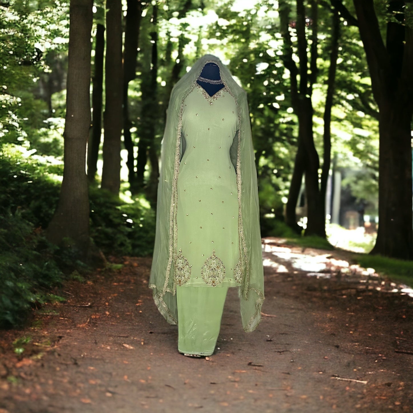 Pastel Green/Pista Pure Georgette Handwork Formal/Party wear Stitched Suit