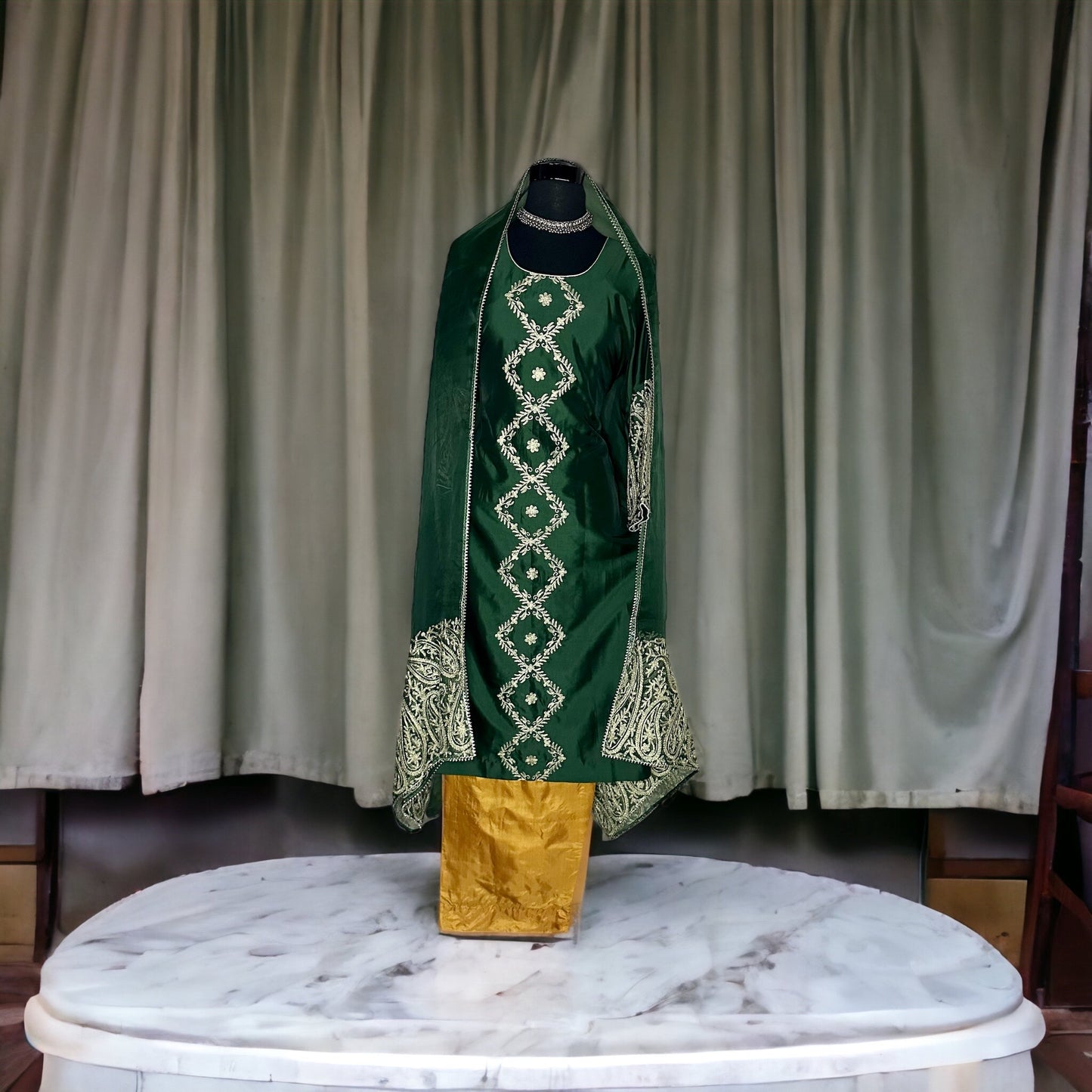 Pure Silk Bottle Green and Mustard Semi formal/Party wear Stitched Suit