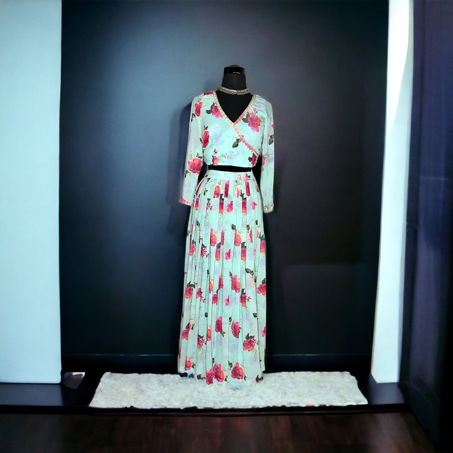 Beautiful Printed pure Georgette Flared Skirt and Anarkali crop top.