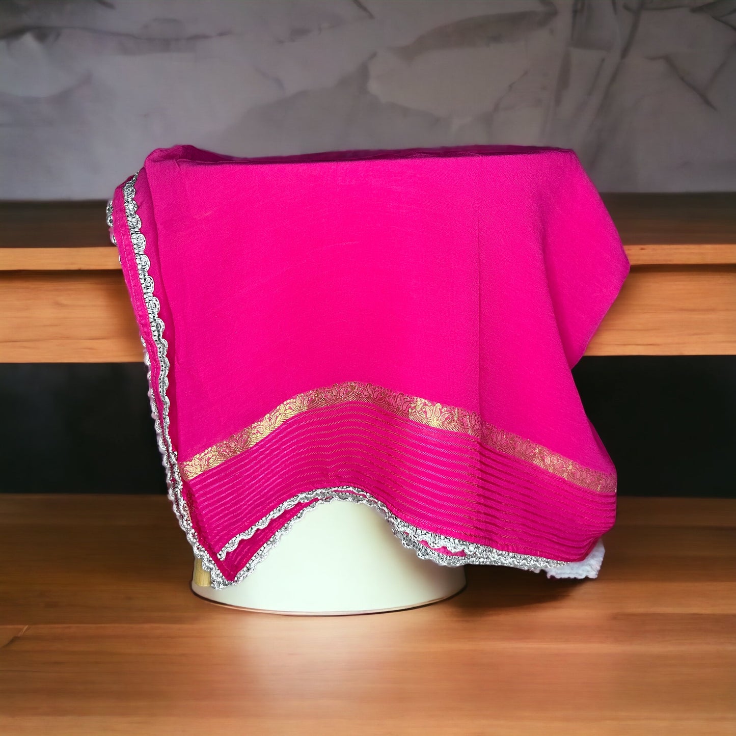 Magenta Pure Georgette with Golden Self design Fully finished with lacing Dupatta