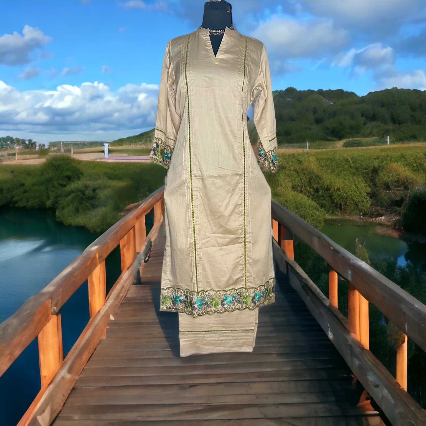 Beige glazed cotton pintex designed 2 piece stitched kurta set