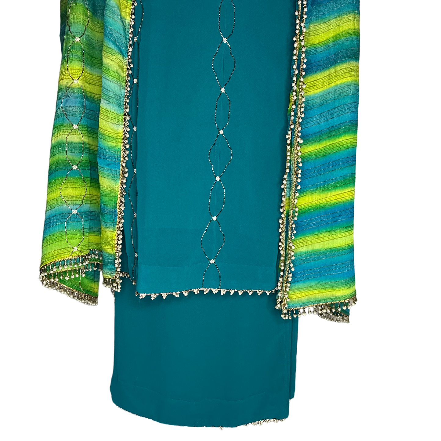 Turquoise Blue pearl and handwork Georgette Semi Formal/Party wear Stitched Suit