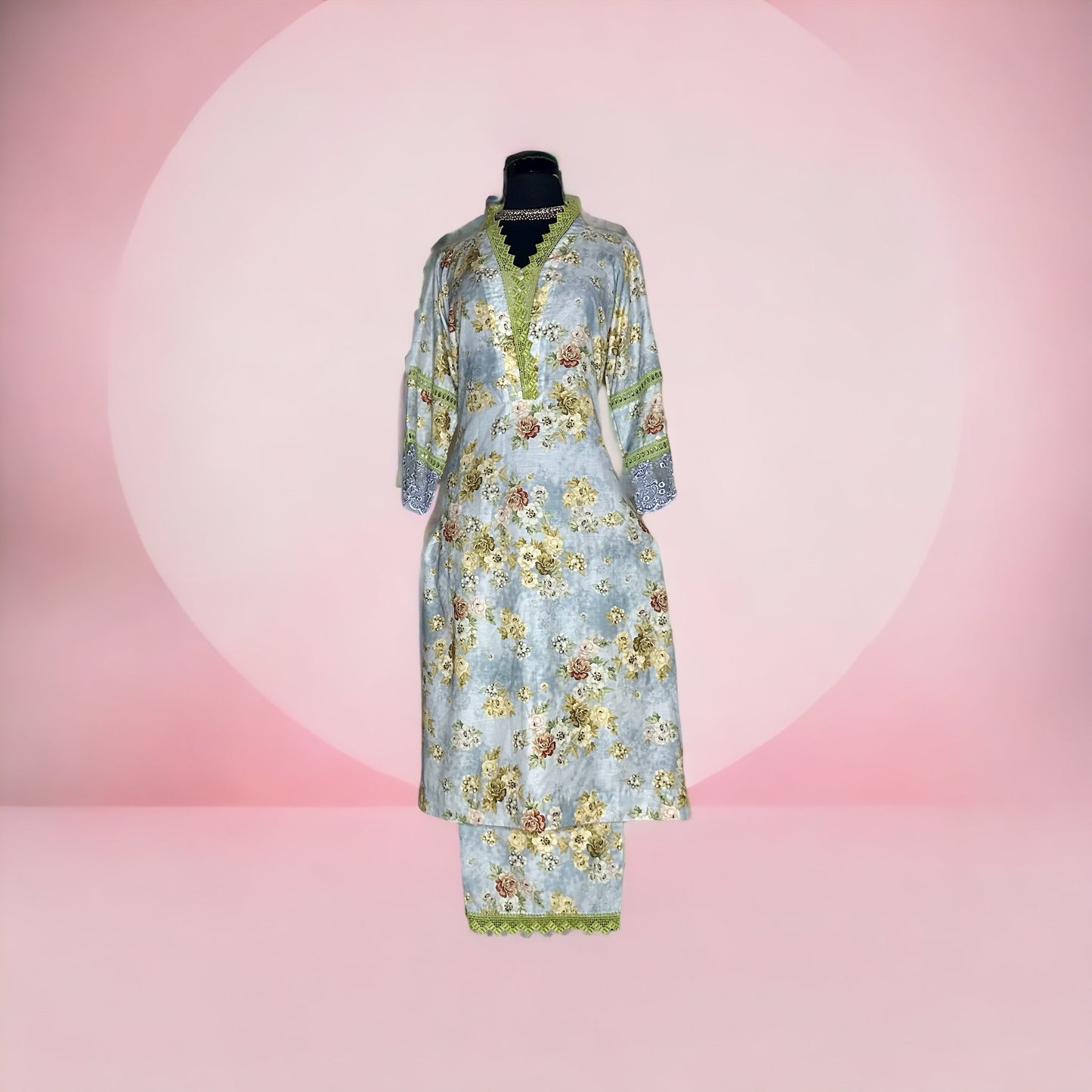 Pastel Blue Printed cotton kurta Set finished with beautiful cotton lacing