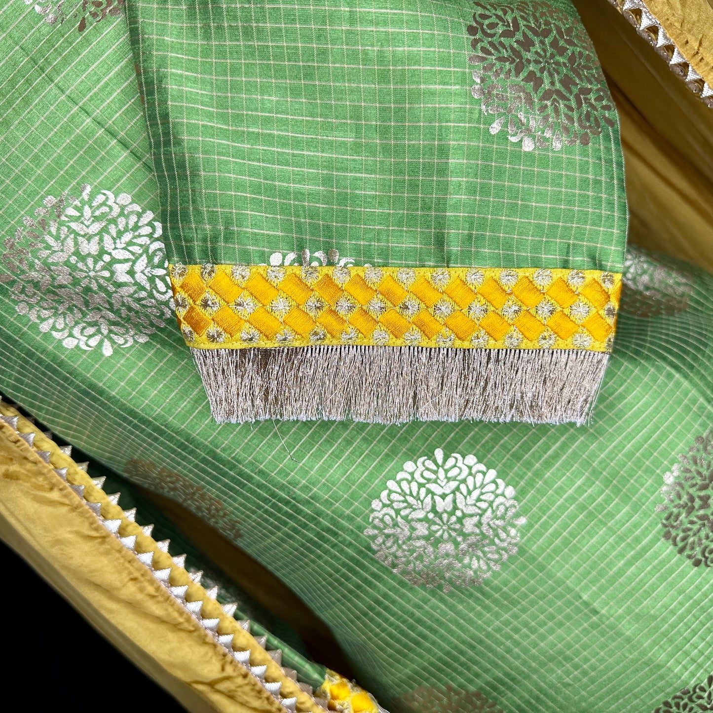 Beautiful foil printed green Banarasi Silk Stitched and overall lined Semi formal/Party wear Suit