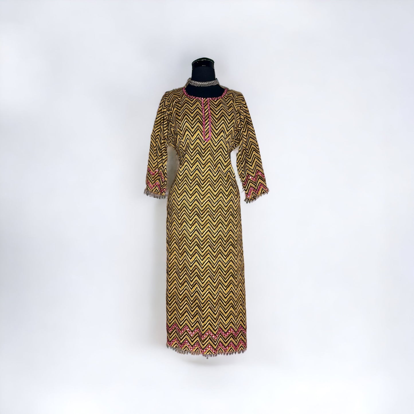 Mustard/Brown zigzag printed and embroidered Casual Stitched kurta