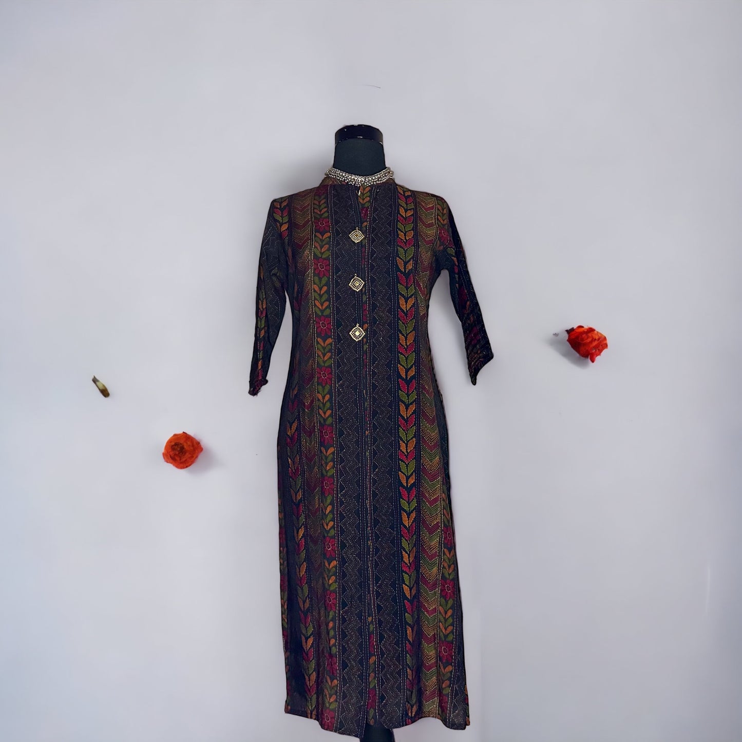 Black printed katha Style printed stitched kurta