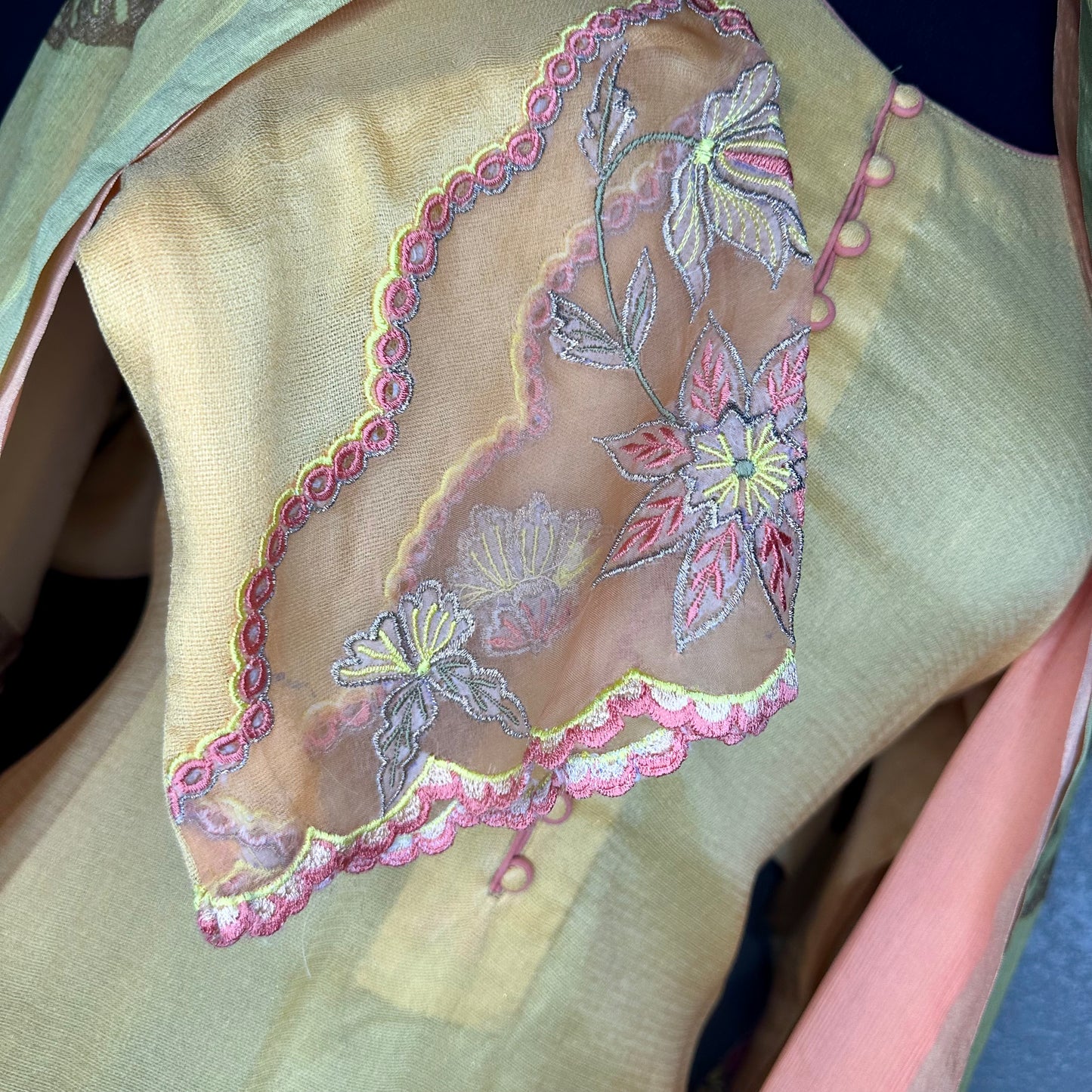 Mango/Yellow pure shimmer Georgette Semi Formal/Party wear Stitched Suit with Chinnon block paint dupatta