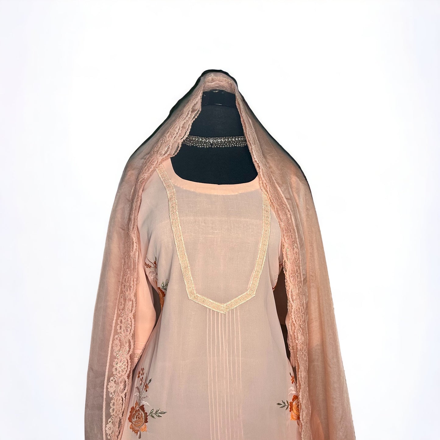 Peach pure Georgette with elegant embroidery with lacing and pintex designed Semi formal/Party wear Stitched Suit