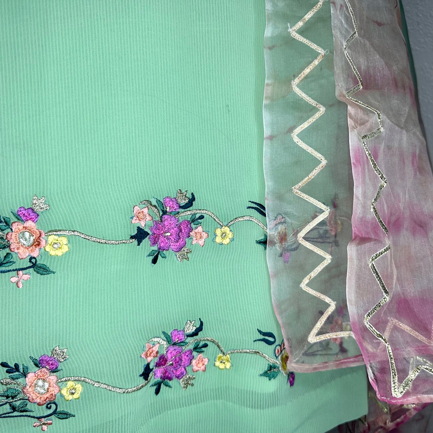 Pastel Green/Pista pure Georgette Self fully lined and stitched Semi formal/Party wear Suit