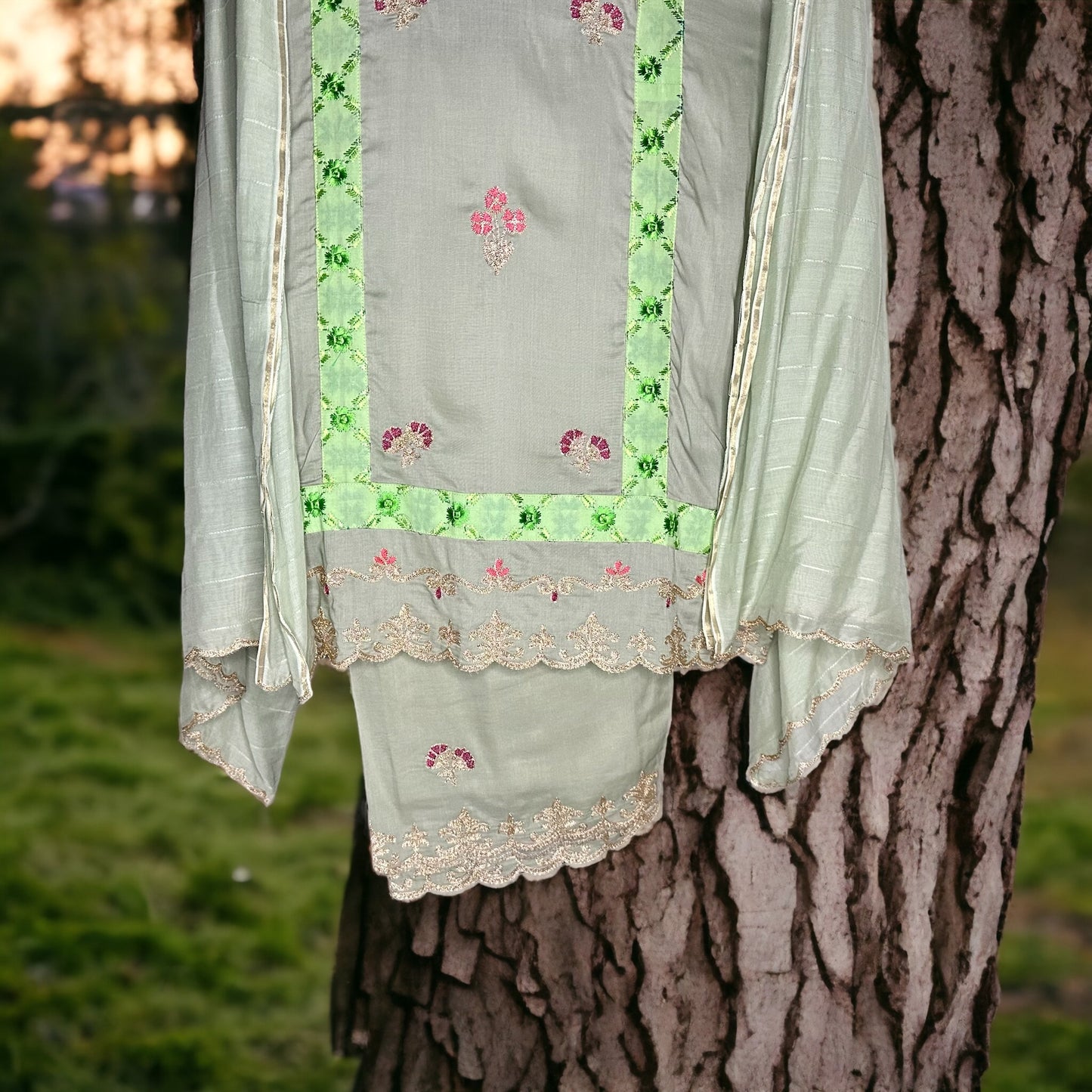 Pista Green Mulin cotton aari embroidered Semi formal/Casual Stitched Suit