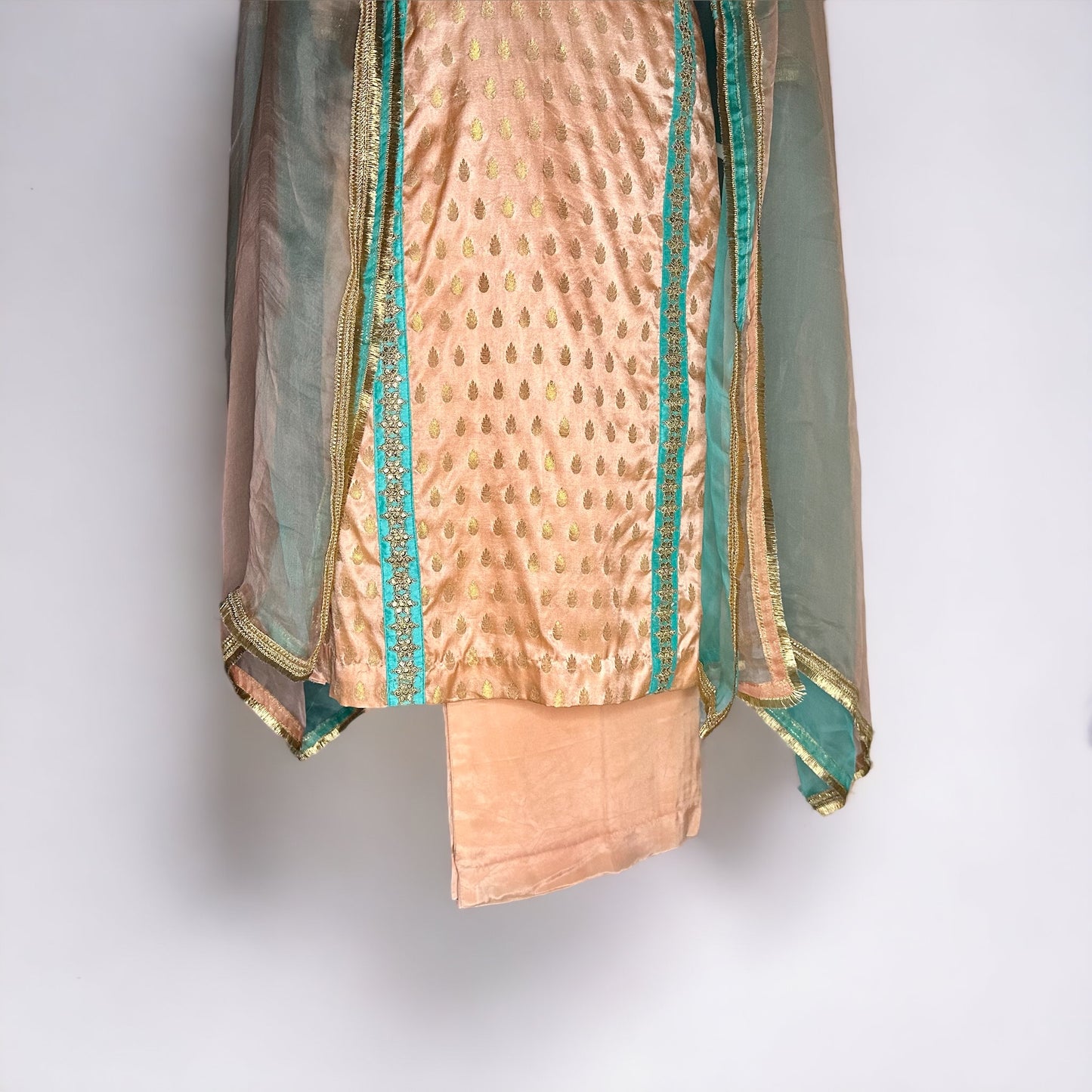 Peach Banarasi silk fully lined and designed with lacing semi formal/Part wear Stitched Suit