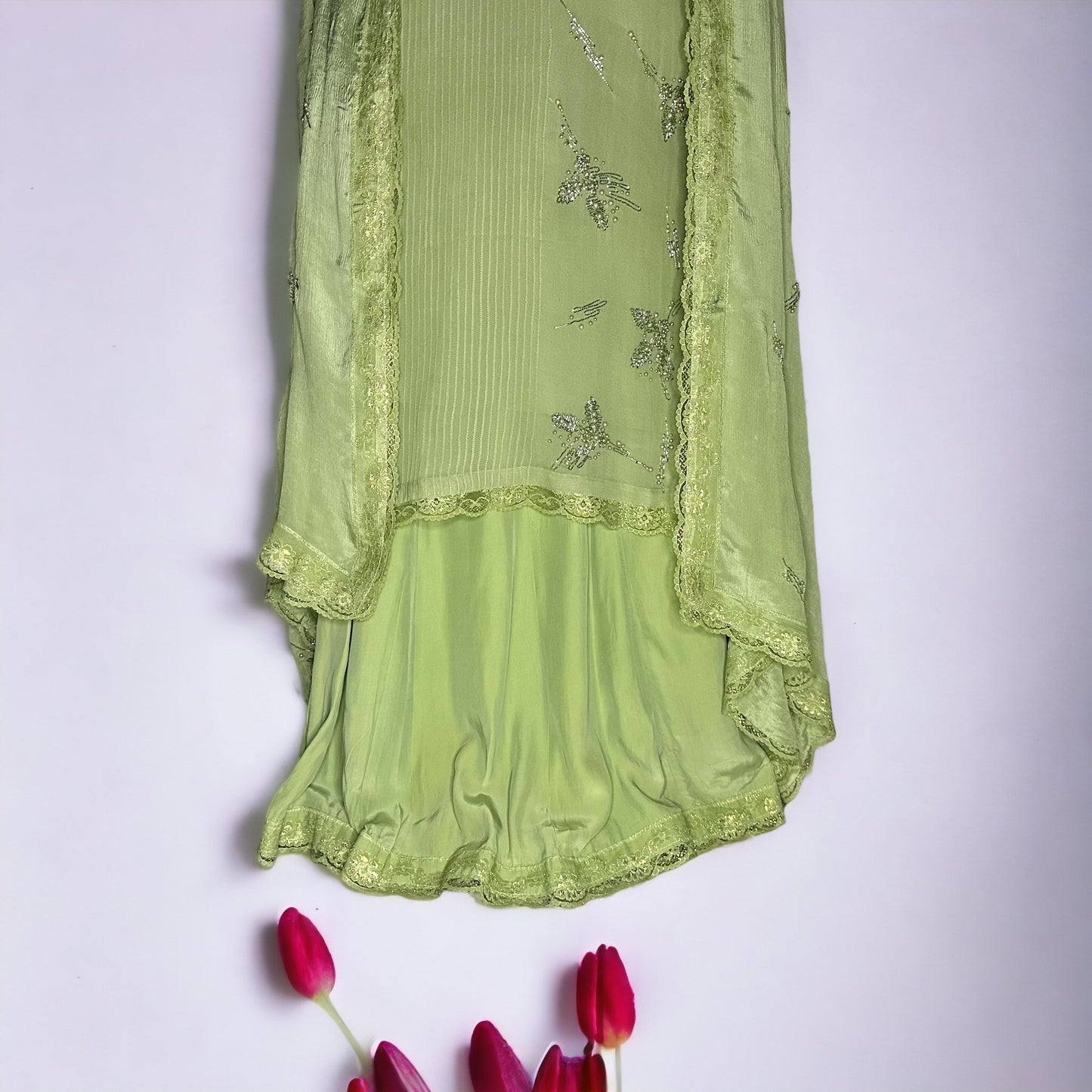 Pastel Green pure Georgette Pintex and handwork party wear stitched flared Sharara Suit
