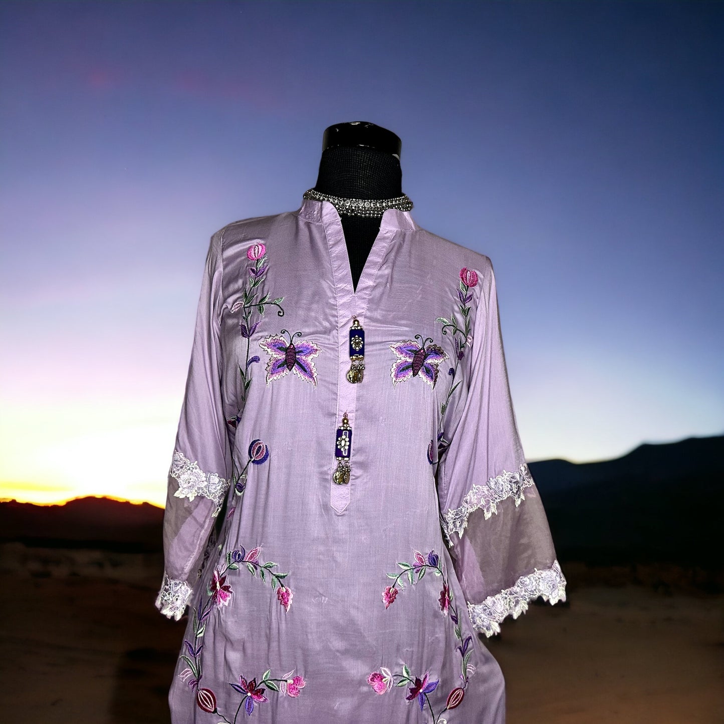 Lilac Pure muslin cotton fully embroidered Semi formal Stitched Kurta Set
