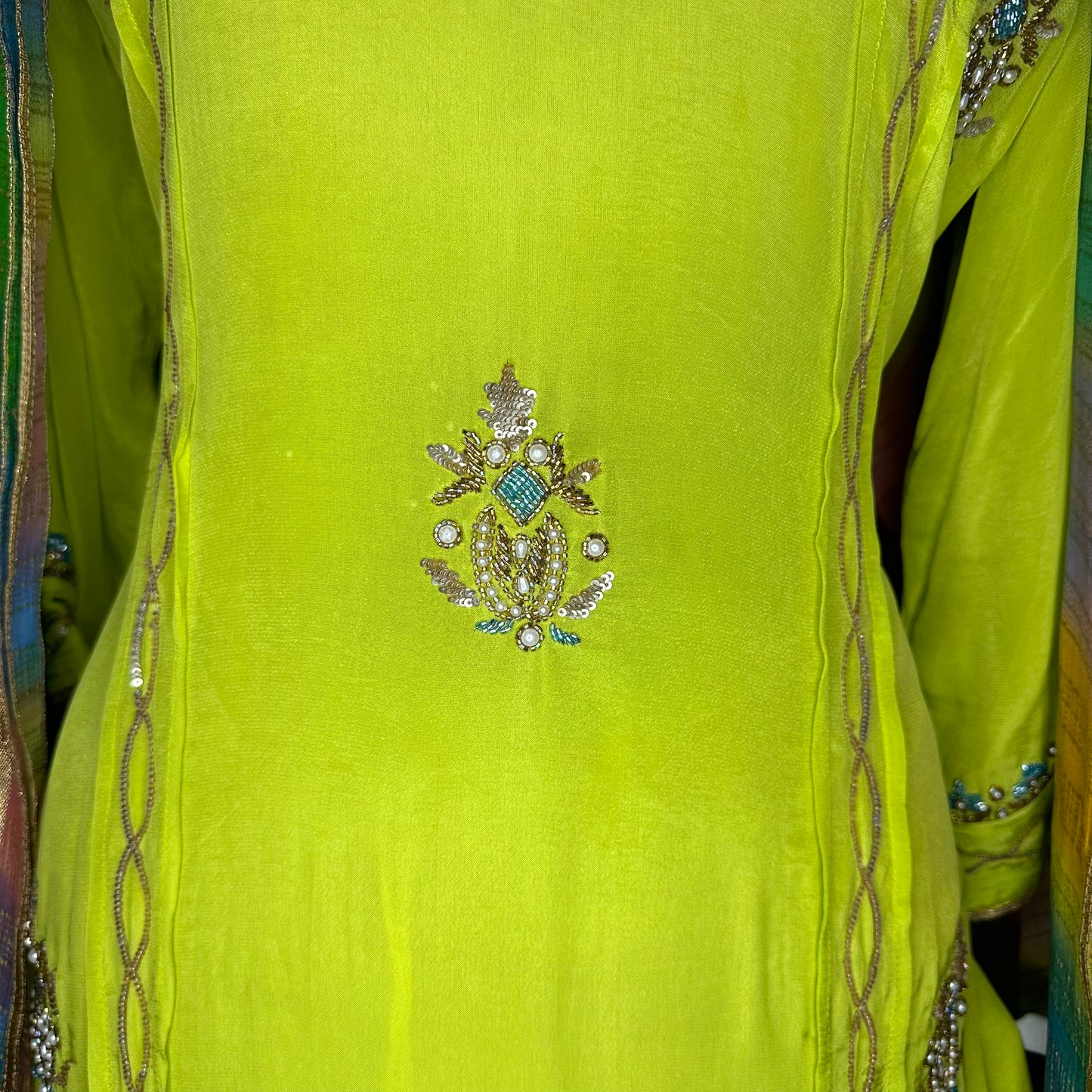 Pure Crepe Parrot Green intricate Handwork Party wear/formal Stitched Suit