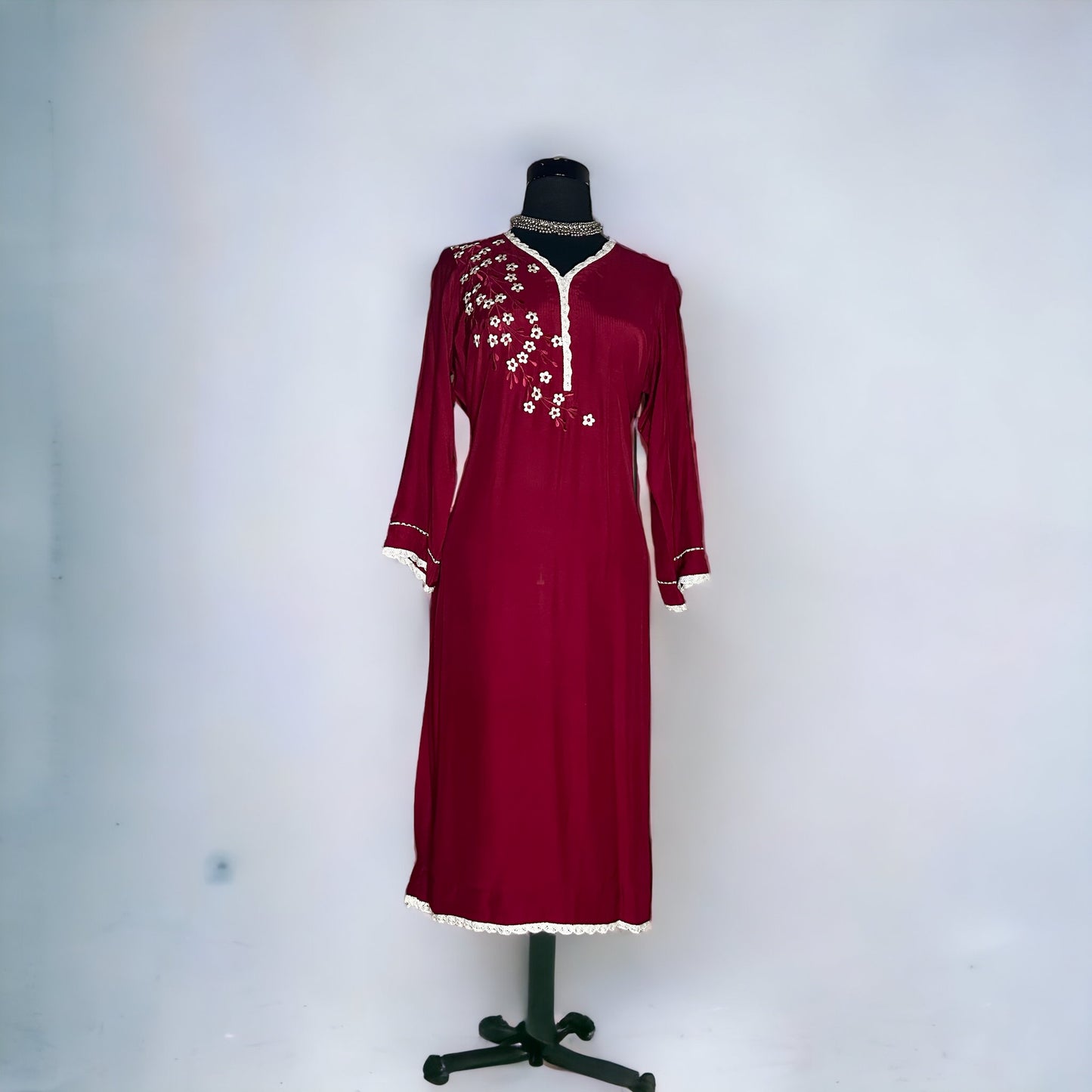 Maroon cotton Stitched kurta finished with crochet lacing
