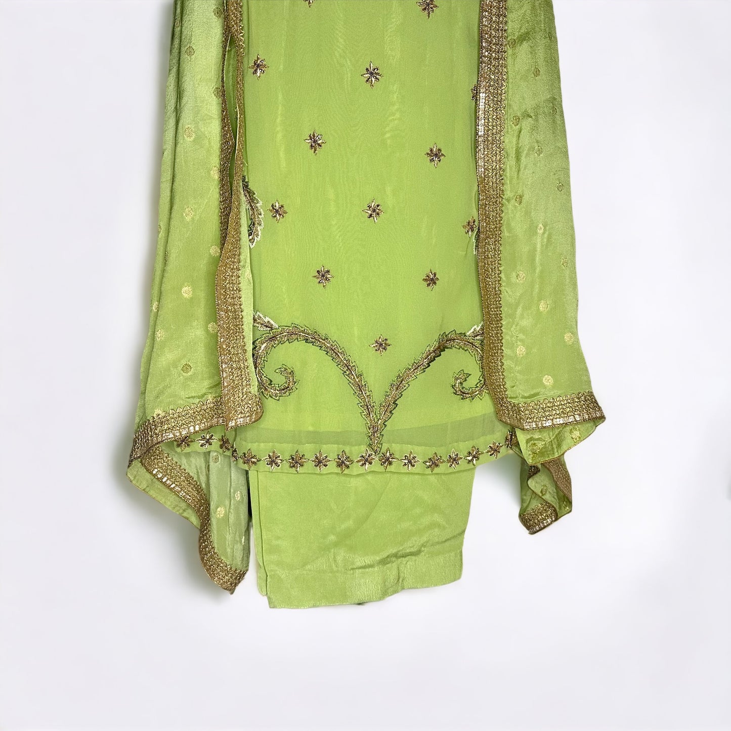 Green Beautifully designed pure Georgette handworked Formal/party wear Stitched suit