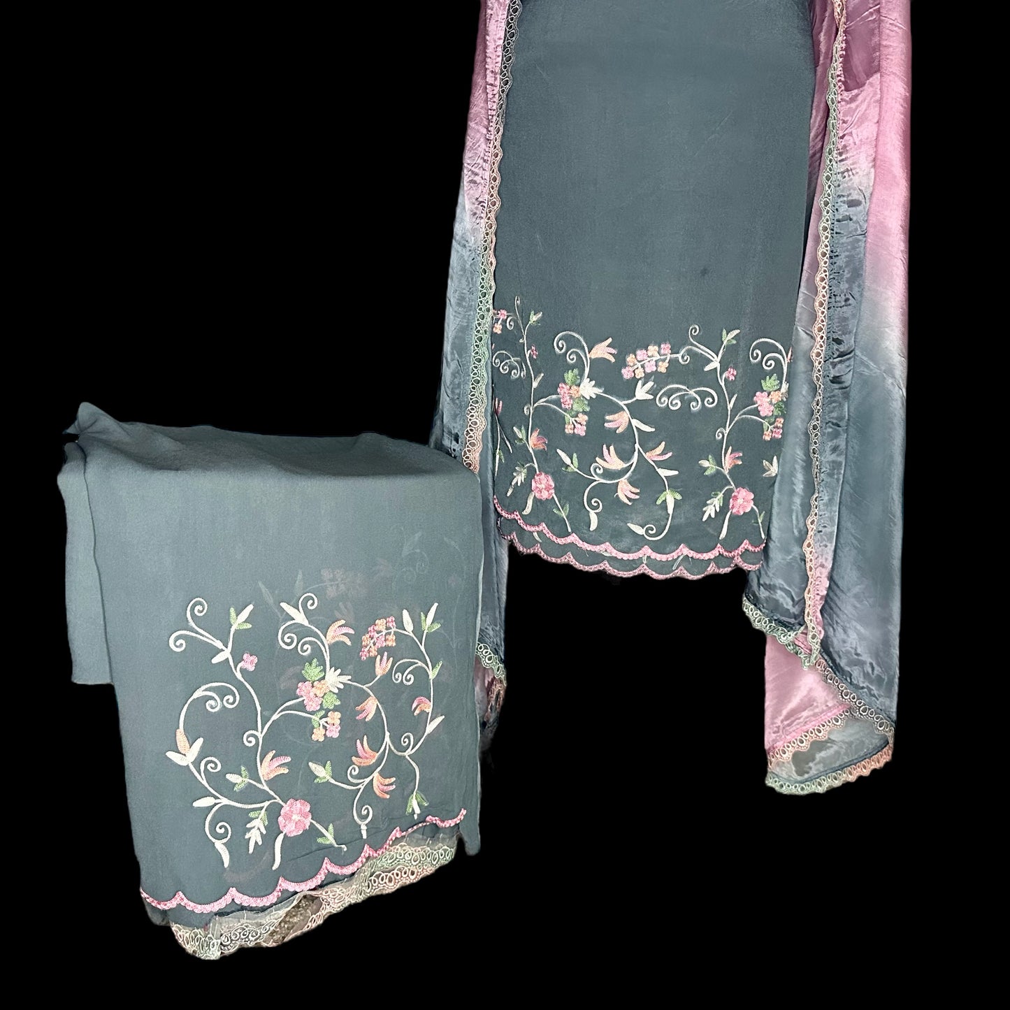 Grey pure dyed Georgette Dori work Semi formal/party wear unstitched Suit