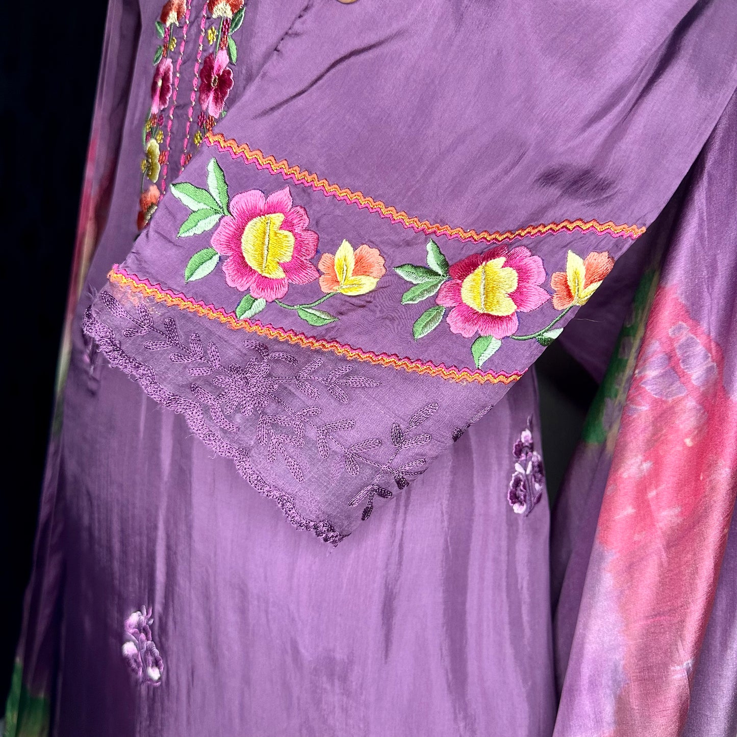 Pure Gabadan Silk Mauve/Purple Party wear/casual Stitched Suit with beautifully tied and dyed tebbi silk Dupatta