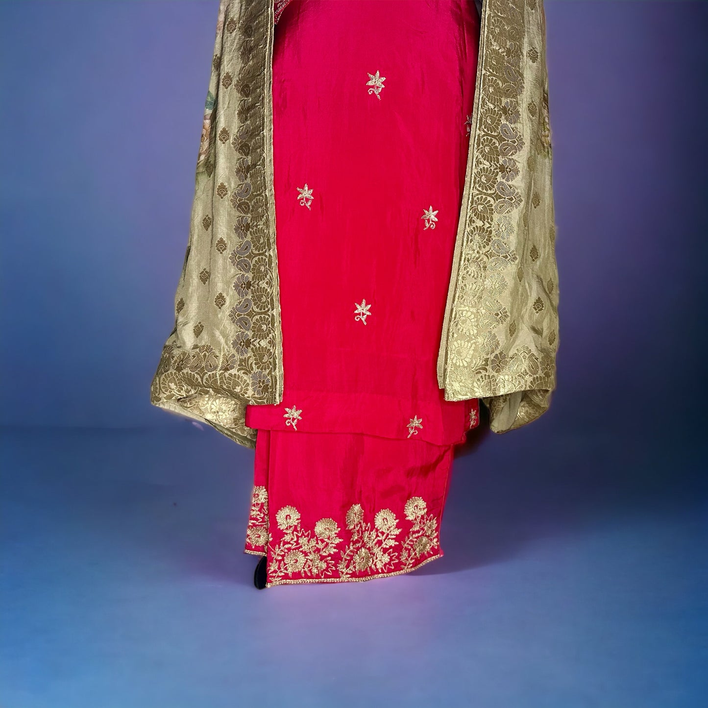 Hot pink tebbi Silk Aari work Semi formal/Party wear fully lined Stitched Suit
