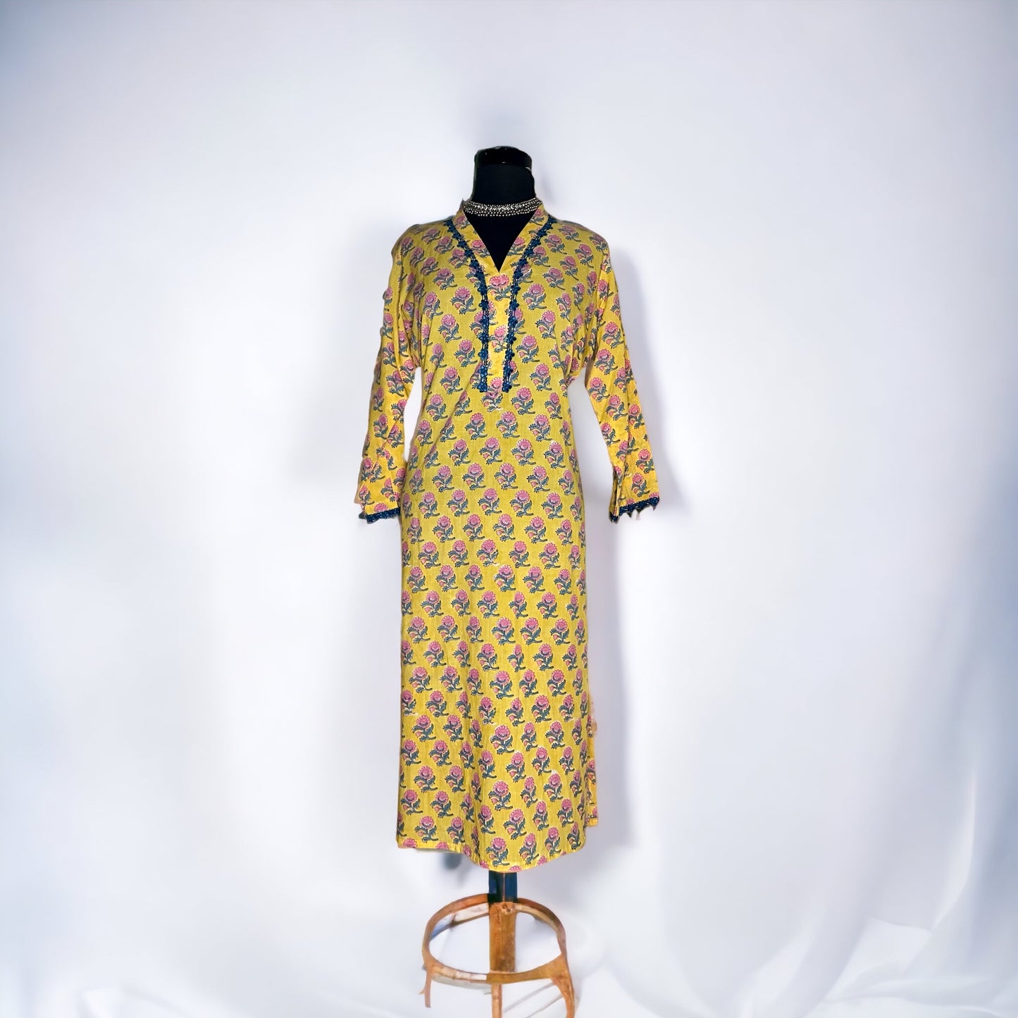 Yellow printed cotton finished with cotton lacing casual/semi formal Stitched kurta