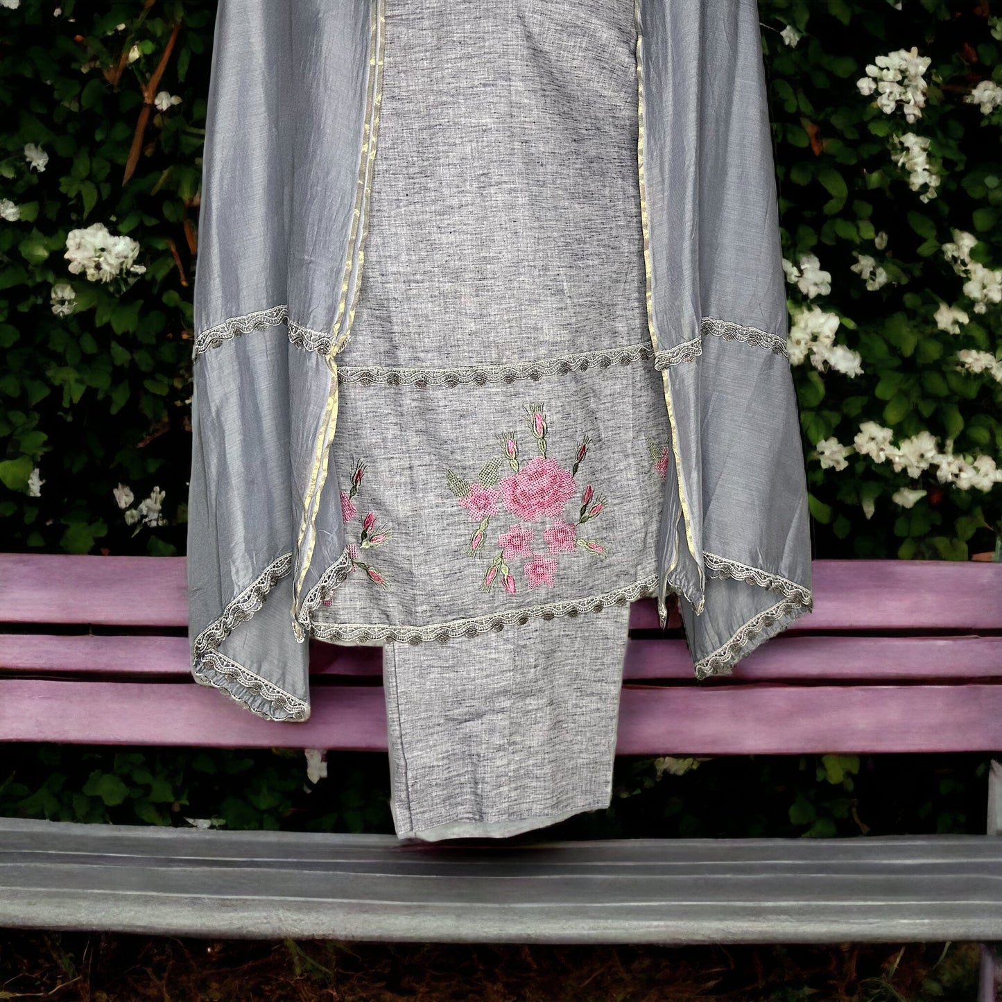 Beautifully designed grey cotton with cross stitch embroidery finished Casual/Semi Formal Stitched Suit