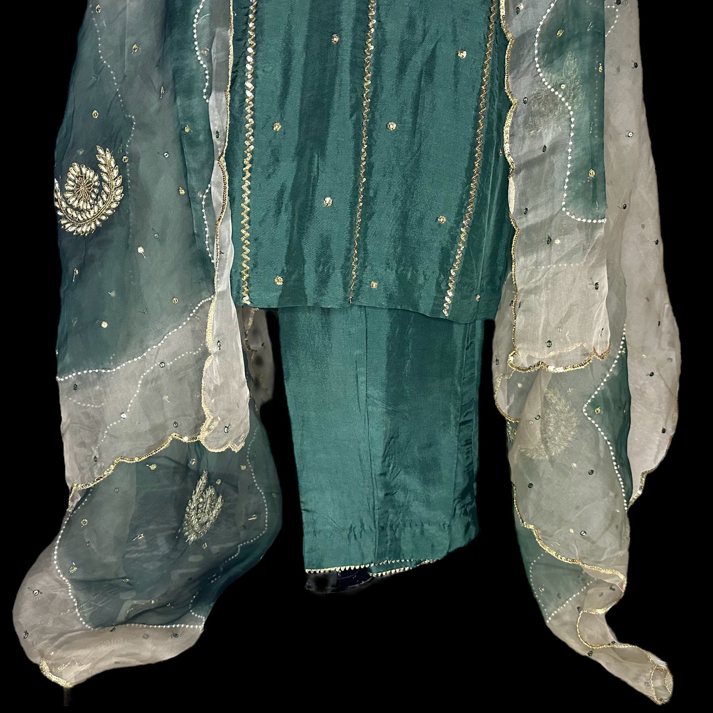 Bottle Green Tabbi Silk Complete Handwork Formal/Party wear Stitched Suit