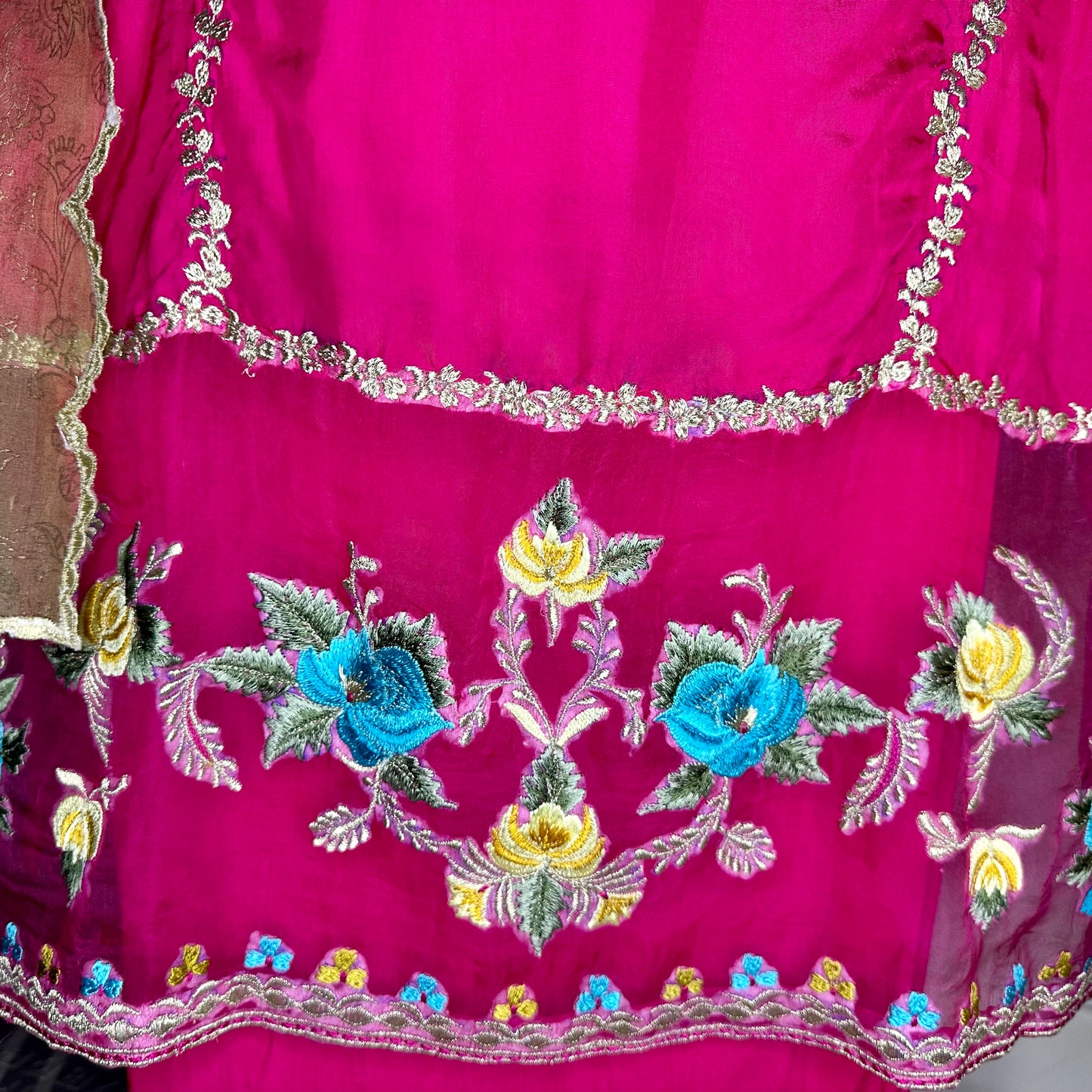 Magenta tabby silk and organza embroidered ghera and sleeves party wear stitched suit