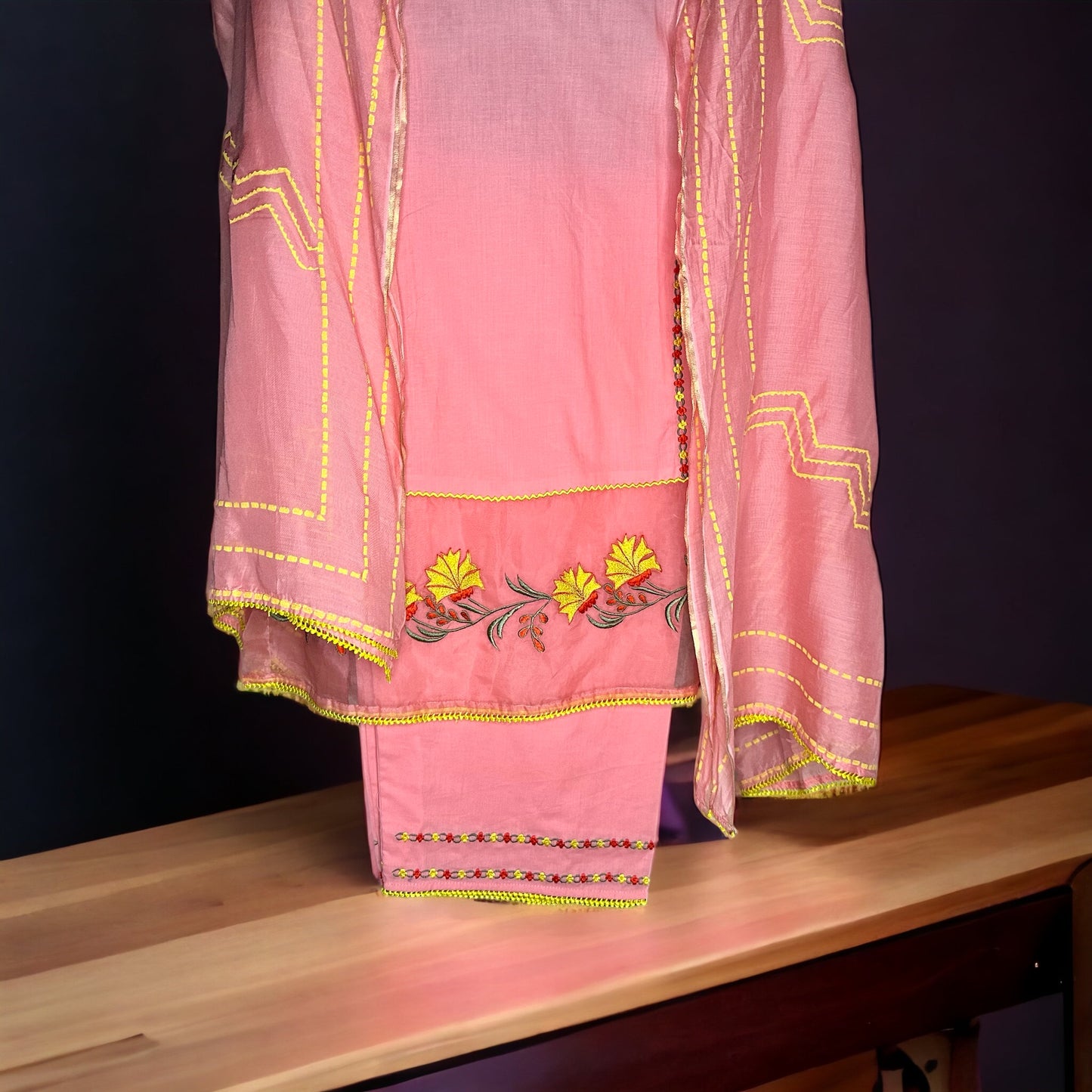 Cotton coral/pink beautifully designed with embroidery on organza ghera Semi Formal Stitched Suit