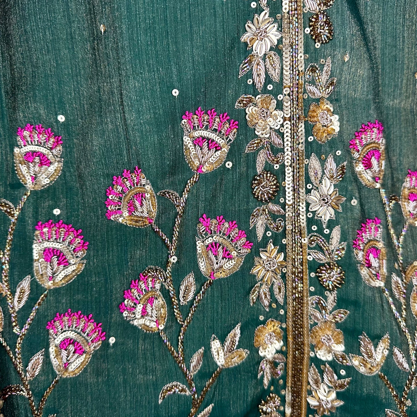 Bottle green tissue organza fully hand embroidered Party wear Stitched Suit