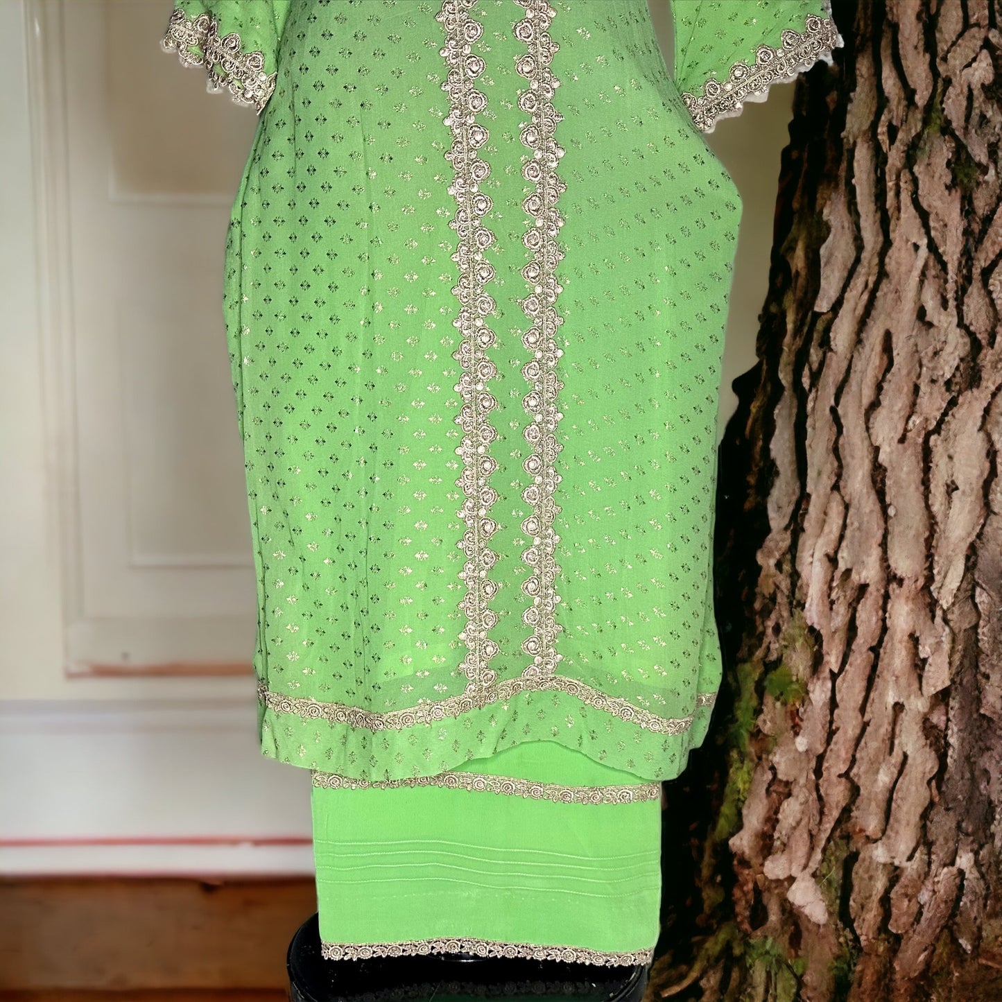 Pure Georgette foil printed Green two piece Stitched and fully lined Suit