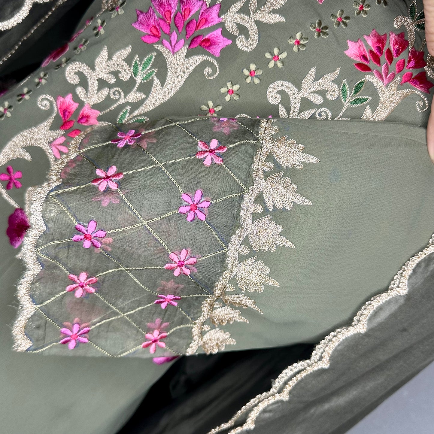 Mehndi Green Georgette with tabby silk dupatta Semi Formal/ Party wear fully lined and Stitched Suit