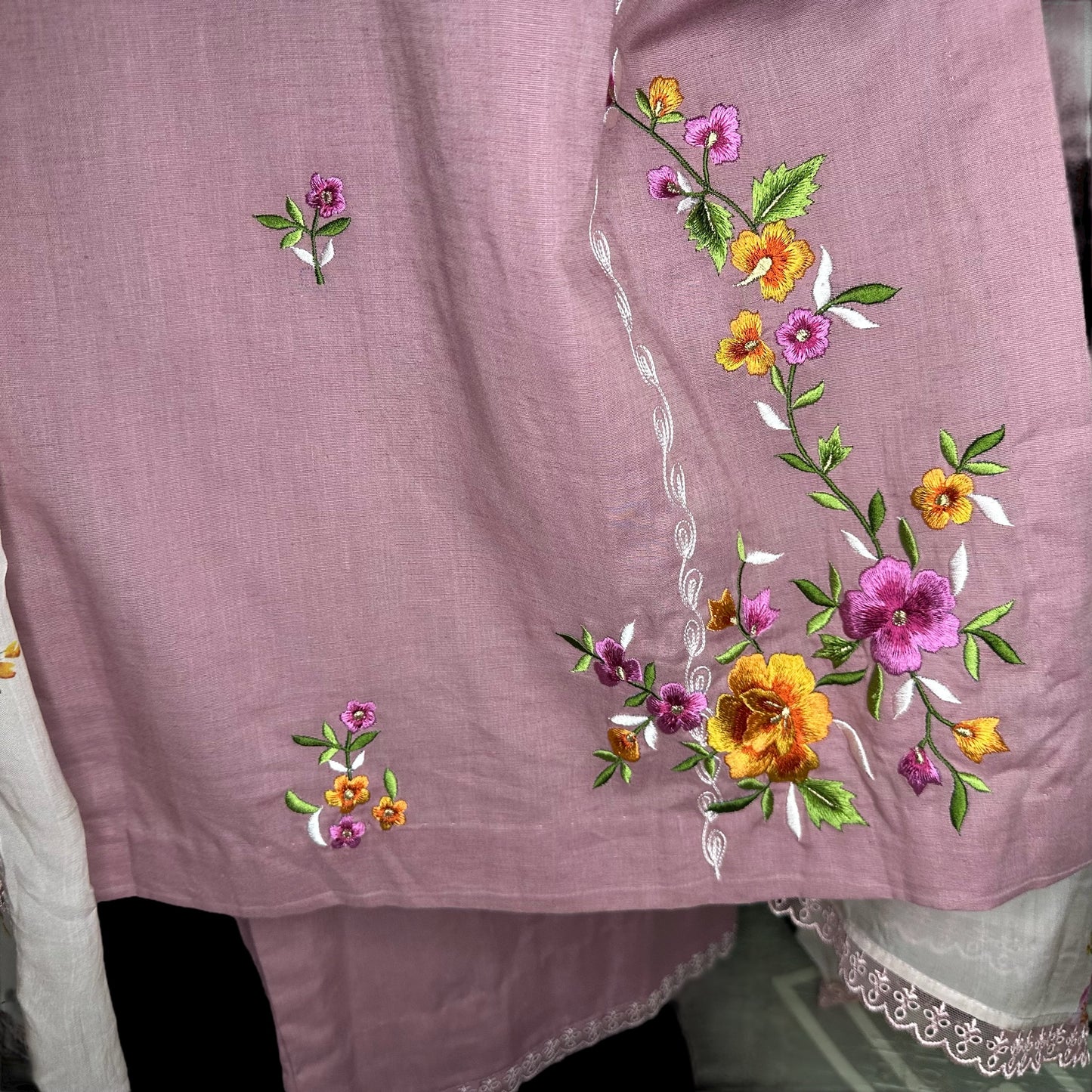 Mauve Pure linen cotton front and back embroidered Formal/Paty wear Stitched Suit