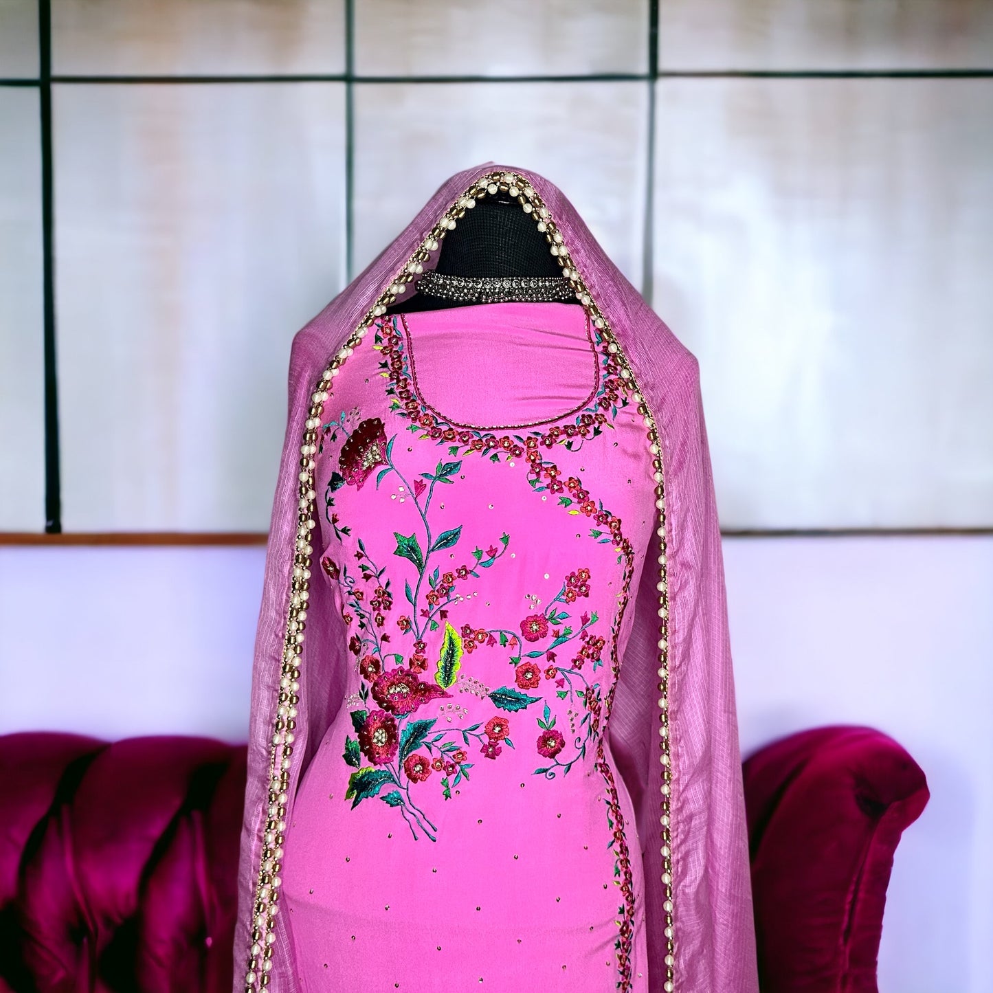 Pink pure crepe elegant embroidery part wear/semi formal unstitched Suit