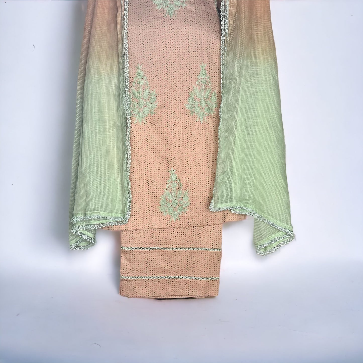 Peach Self print cotton Casual/Semi Formal Stitched suit