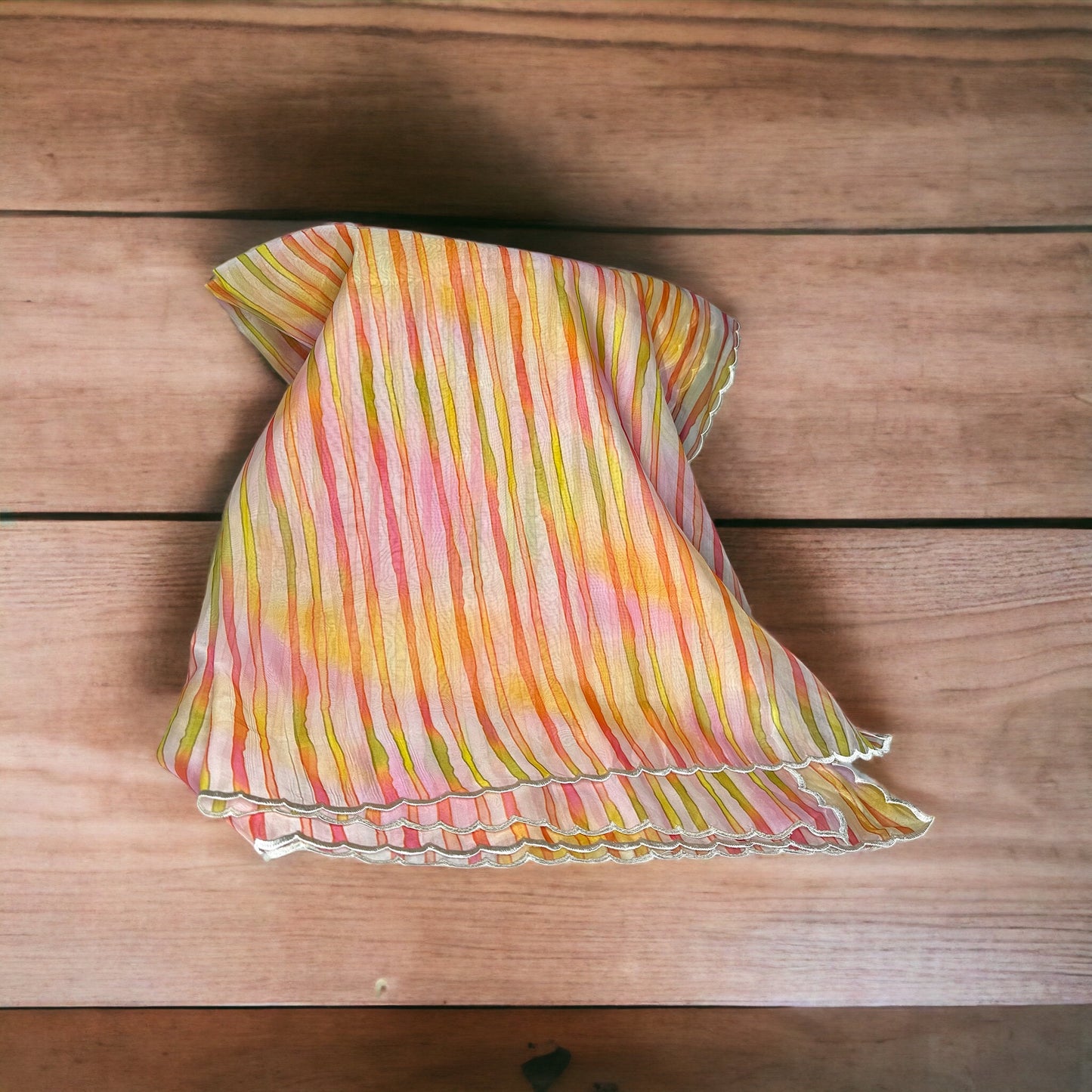 Organza Self print lines finished with scalping embroidery Dupatta