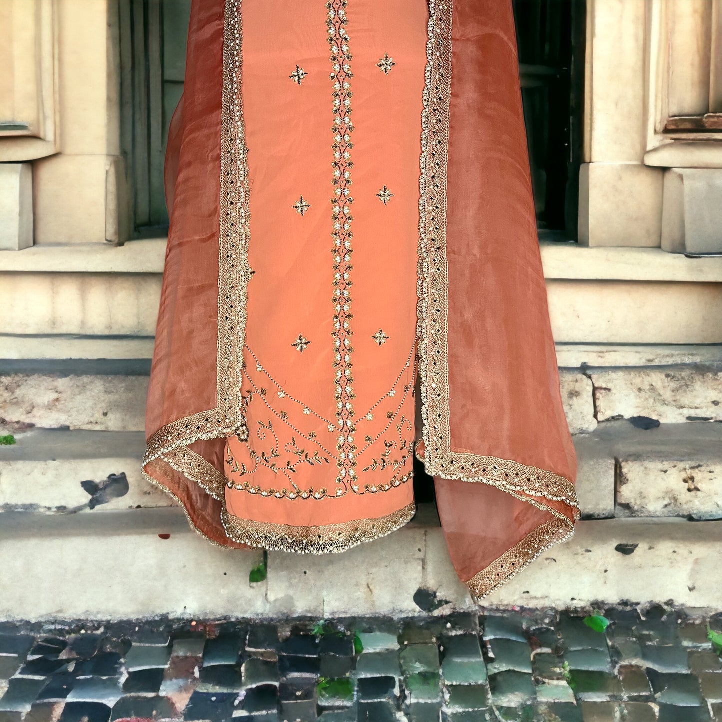 Peach Georgette full handwork and pearl unstitched party wear formal suit
