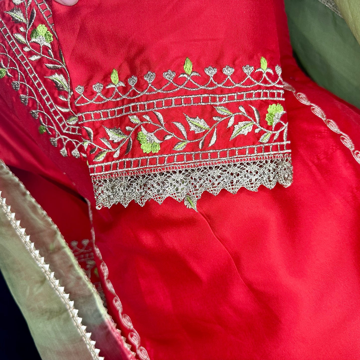Beautiful Red Silk and Brocade Aariwork Party wear/formal Stitched Suit