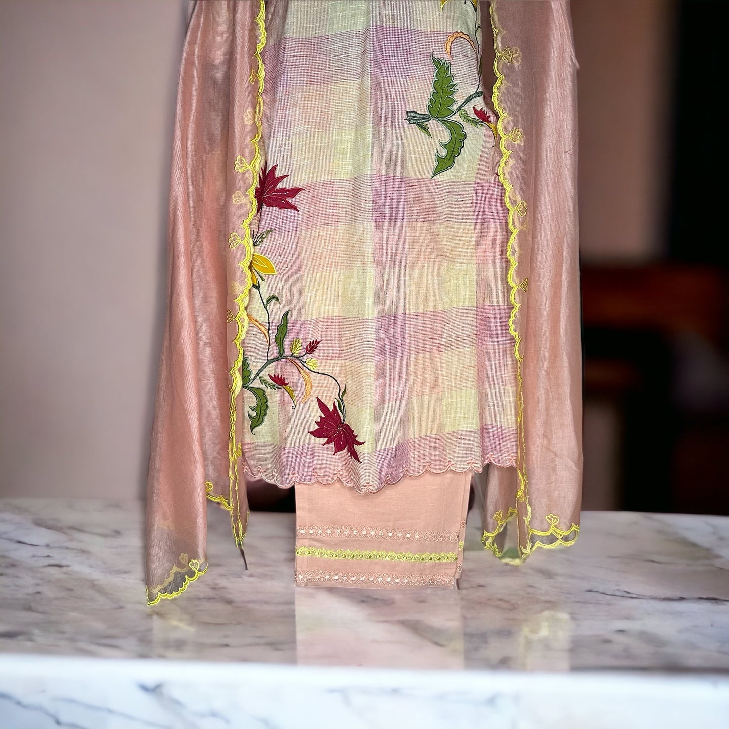 Beautiful peach Self cotton embroidered Casual/Semi Formal Stitched Suit