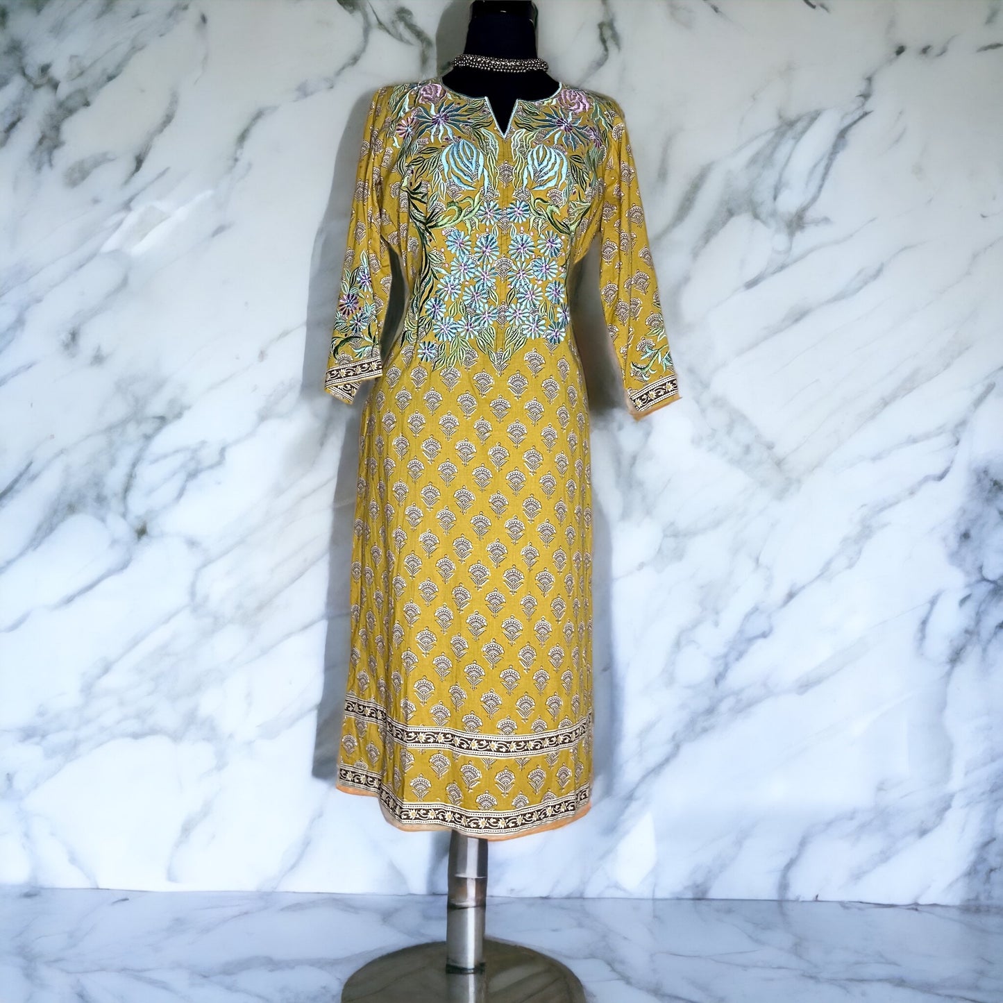 Mustard printed cotton embroidered Stitched Casual Kurta