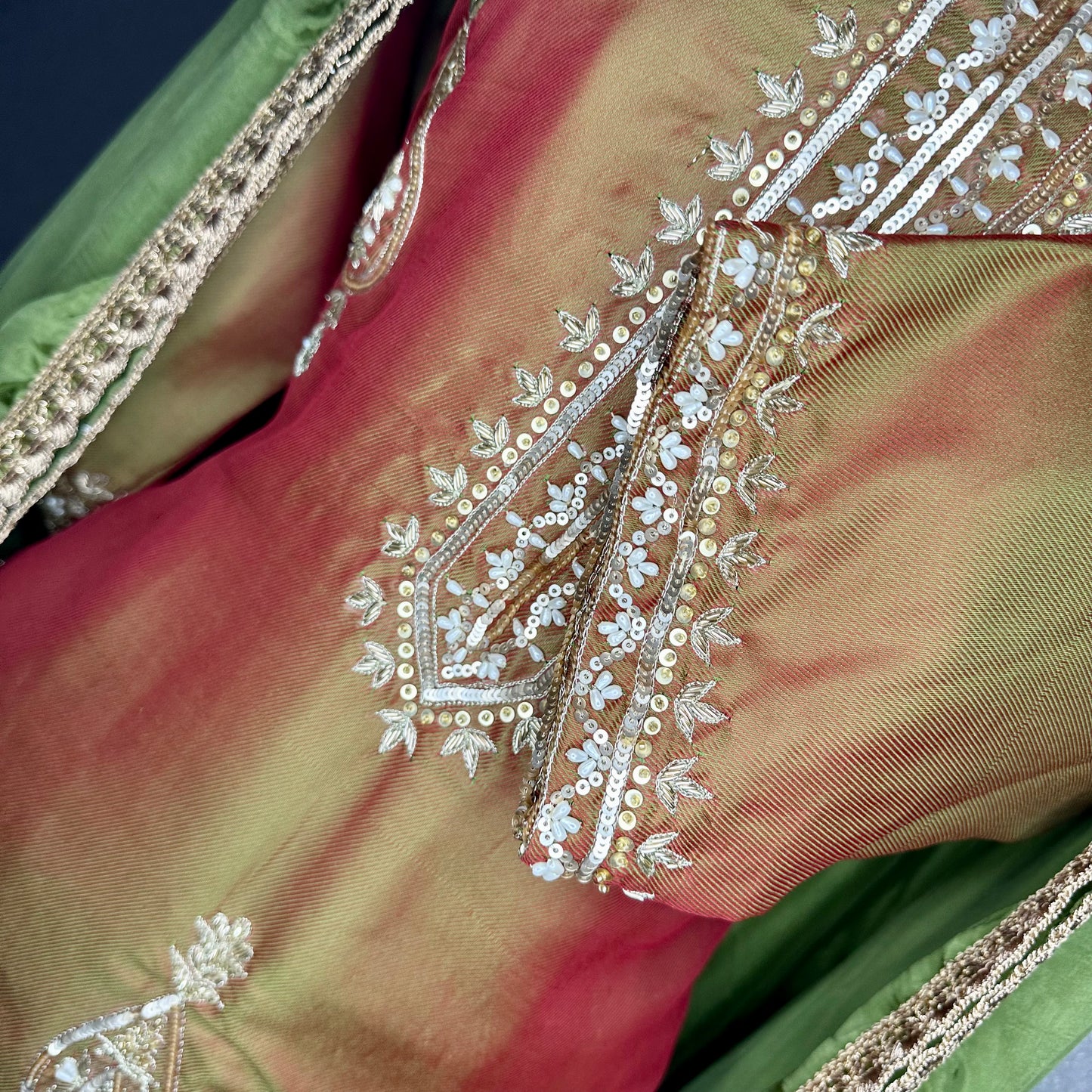 Two Toned Brown/Green Silk hand embroidered Stitched Suit
