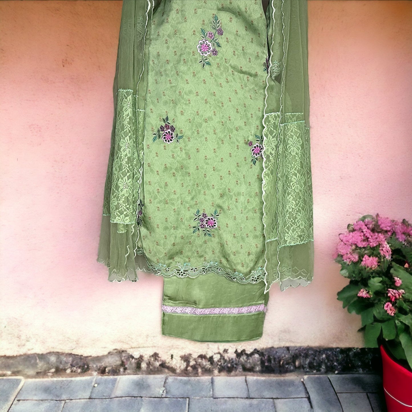 Green printed Satin crepe Cutwork embroidered Semi formal/Party wear Stitched Suit