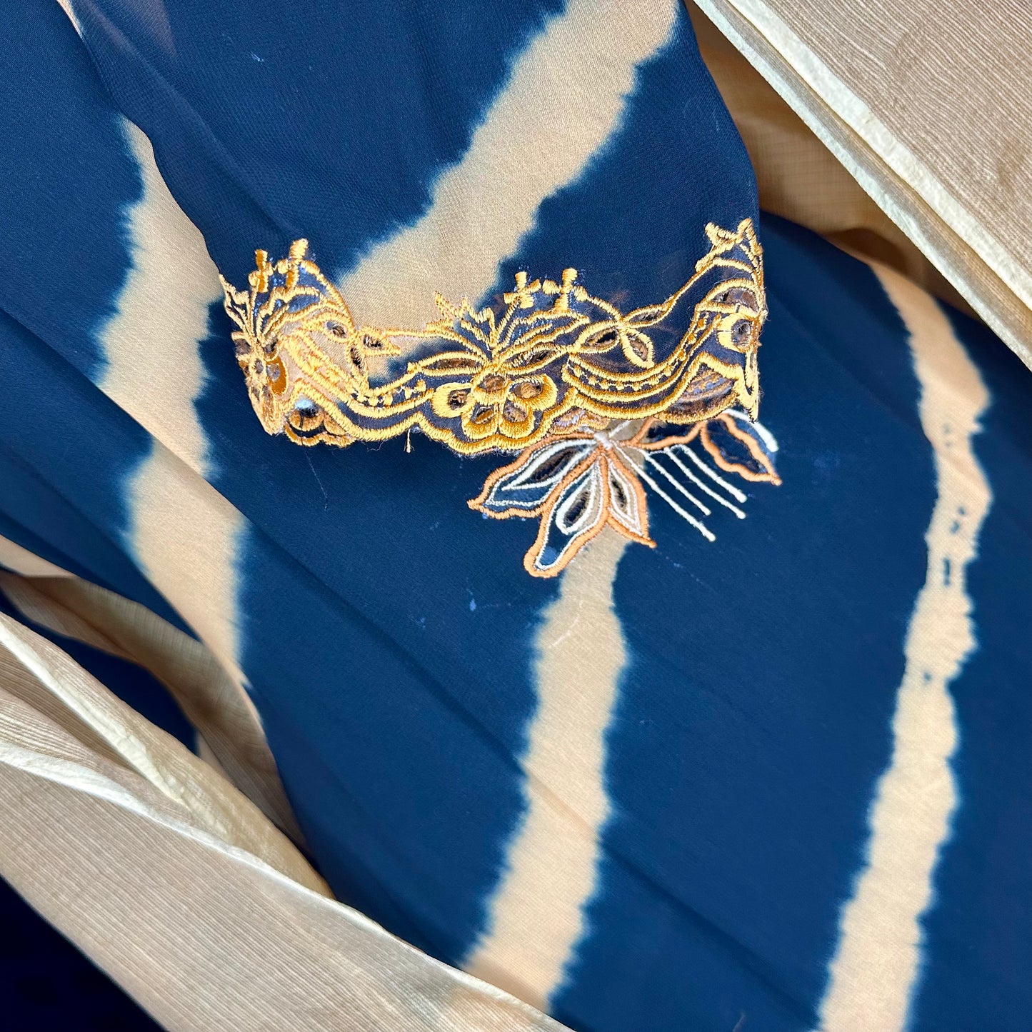 Beautiful Lehriya dyed black and peach cutwork embroidered Semi formal/Patt wear Stitched Suit