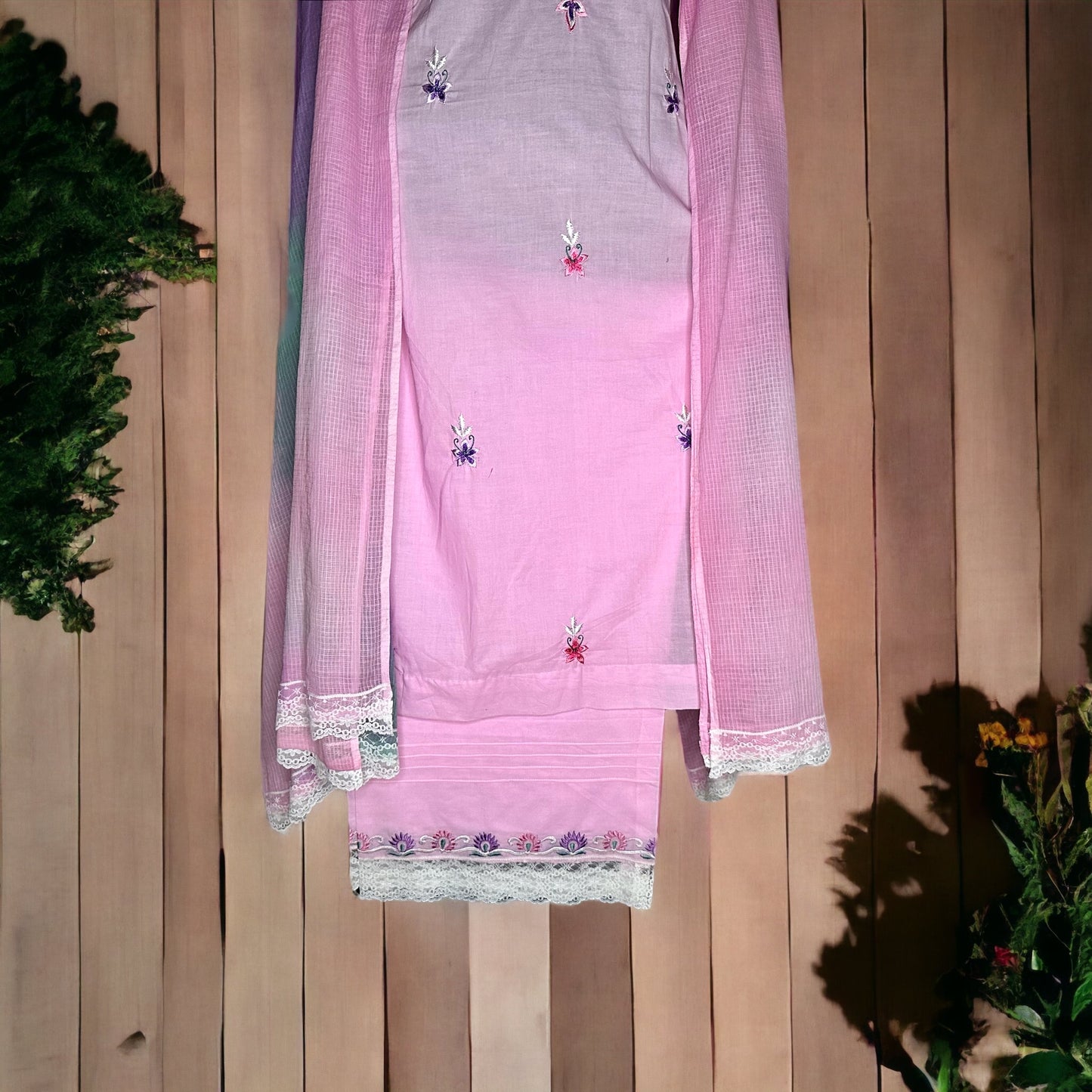 Baby pink pure cotton embroidered and designed with laces Casual/Semi formal stitched Suit