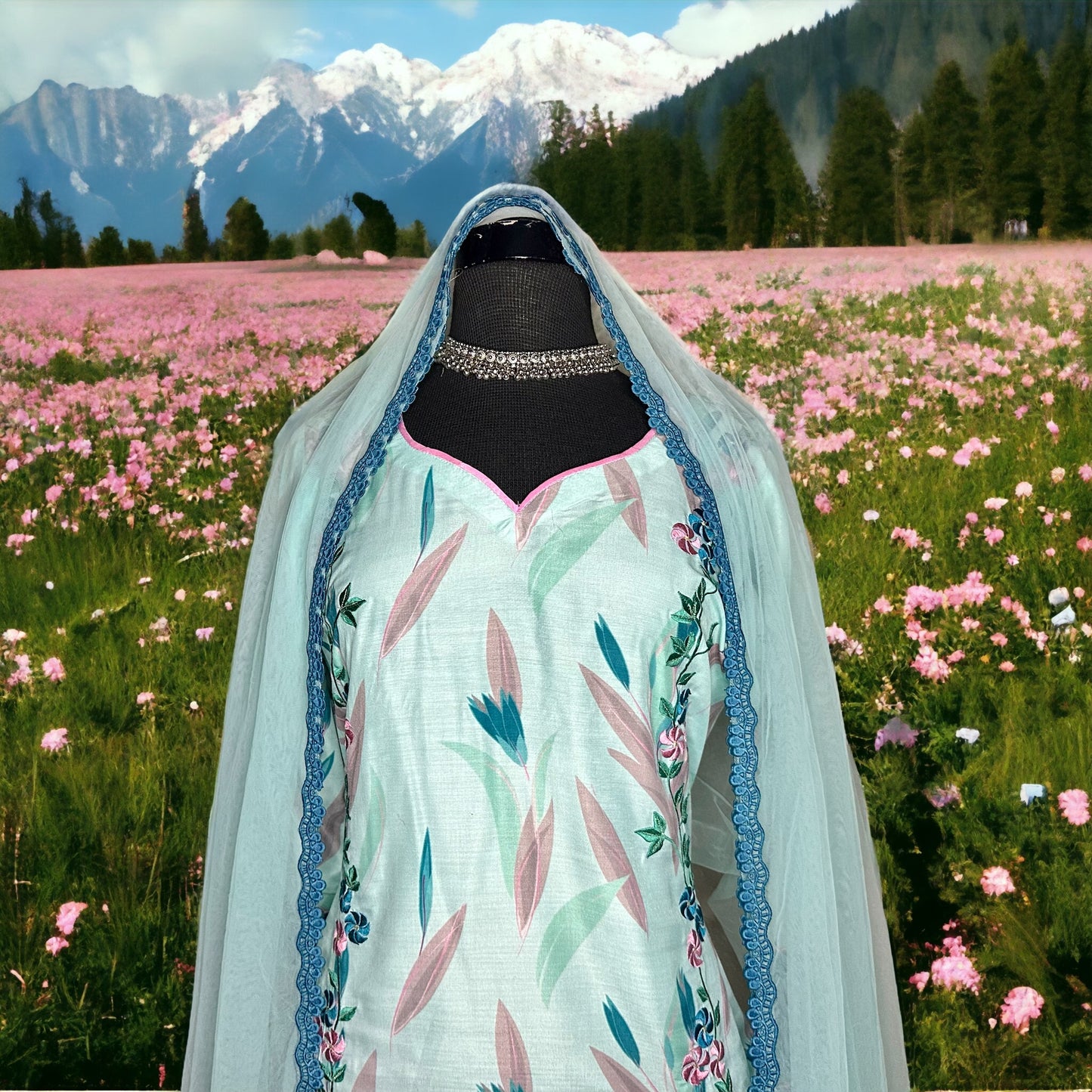 Blue printed cotton beautifully embroidered Semi formal/Party wear Stitched Suit