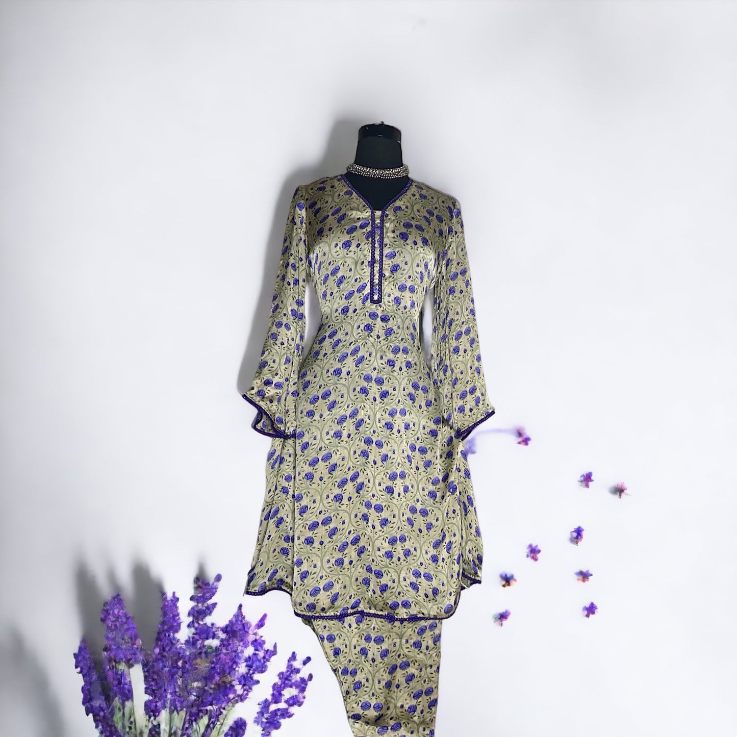 Pure Satin crepe printed A-line Pakistani salwar Casual/Semi formal Stitched Suit