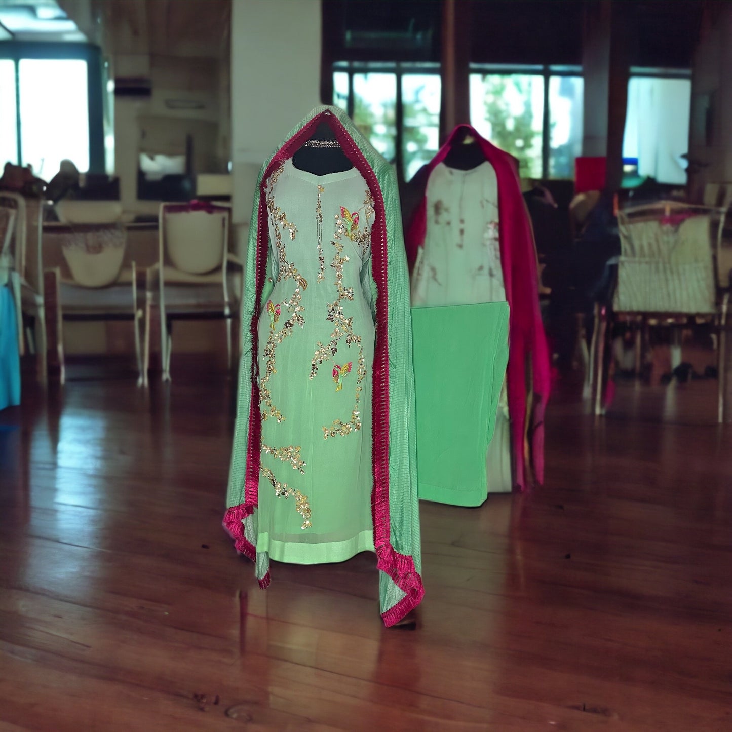 2 tone pure georgette green formal/party wear Stitched Suit