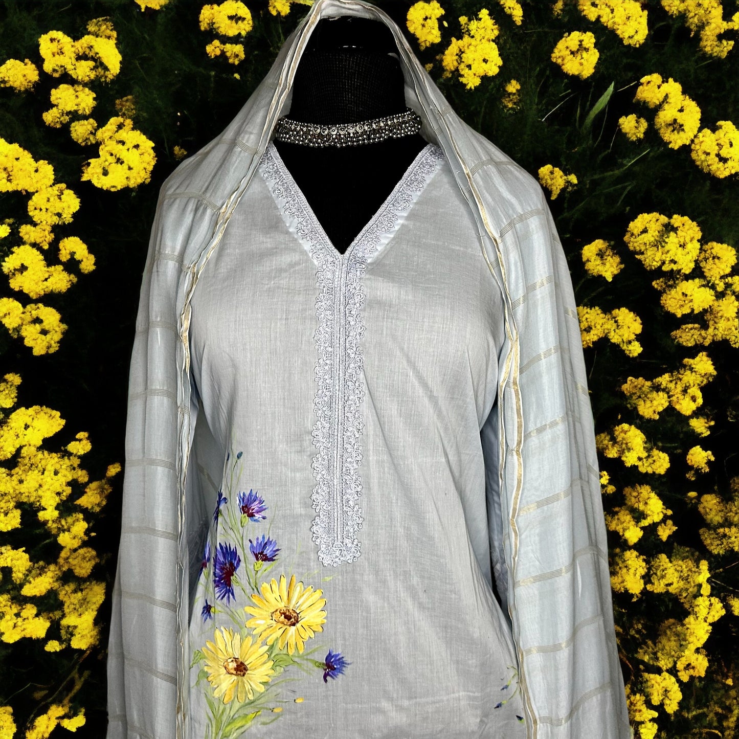 Pastel Blue Pure Cotton hand painted Elegant Semi formal Stitched Suit