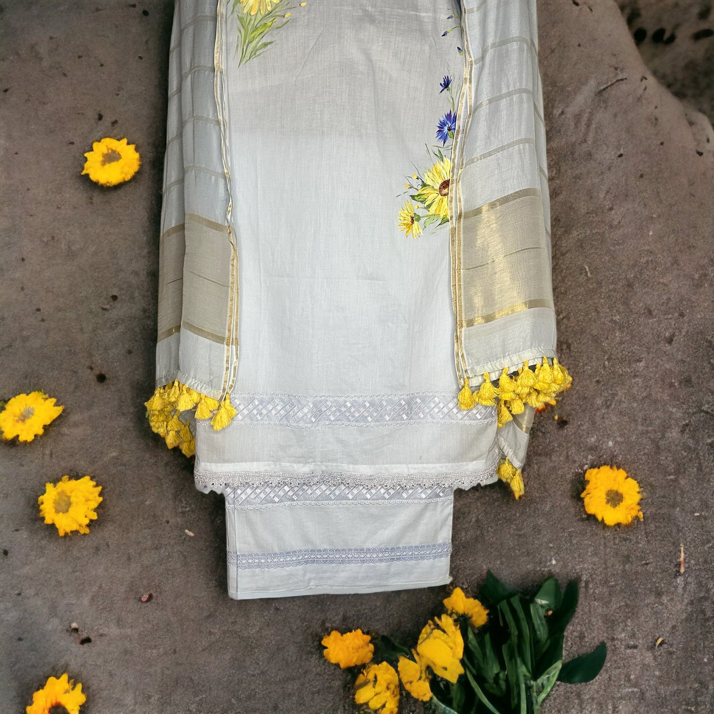 Pastel Blue Pure Cotton hand painted Elegant Semi formal Stitched Suit